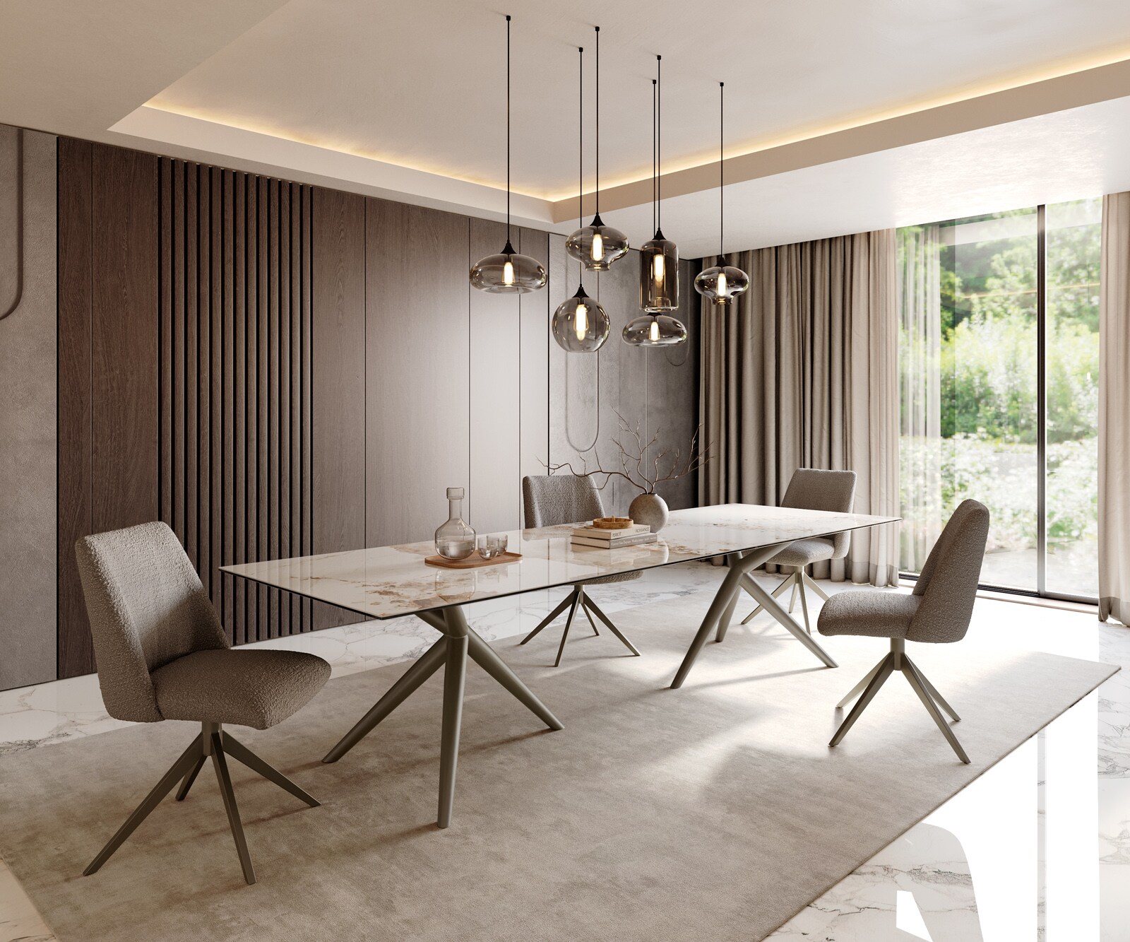 Трапезна маса Edge 300x100 керамика Minas Melange бяло-бежово Estelar кръгъл метален ефект покритие титан 5