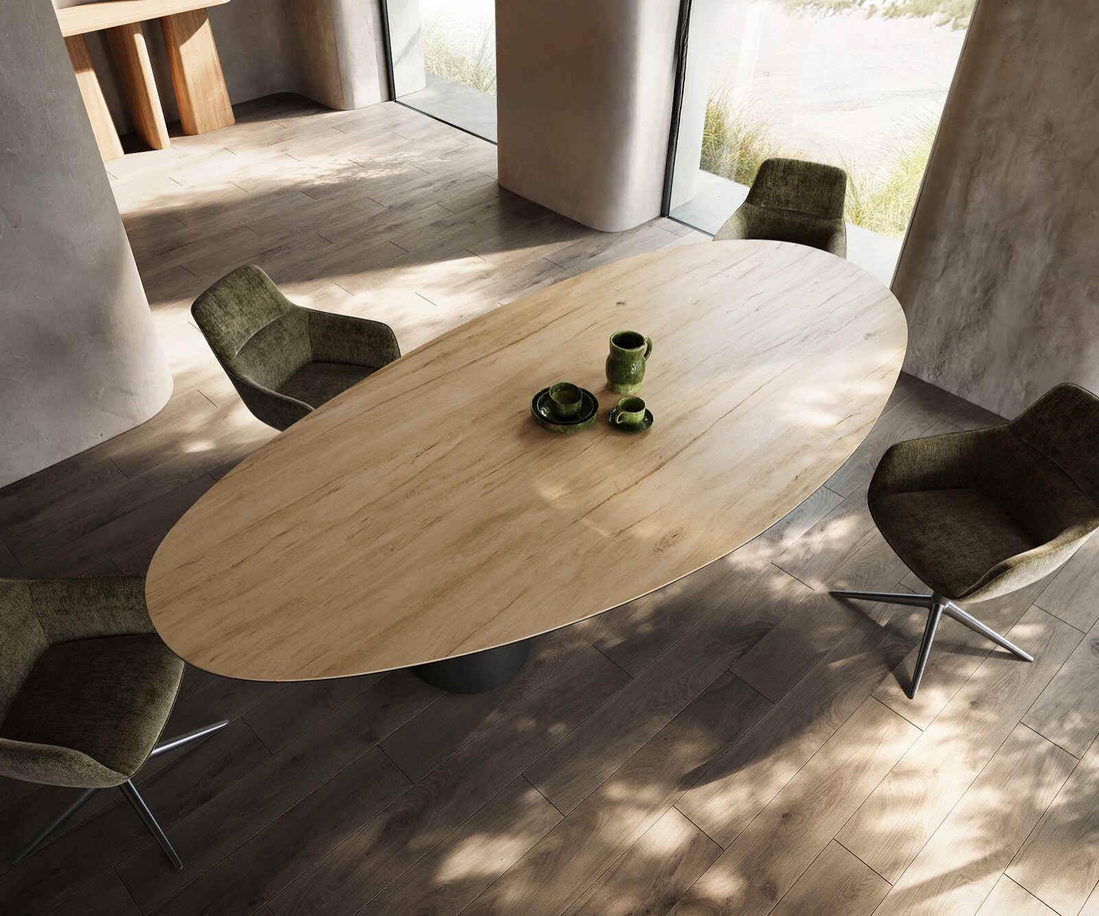 Трапезна маса Edge Oval 280x130, керамика Laminam „®“, цвят „Sabbia“ (дъбов), „Troa“, неръждаема стомана, графит 3