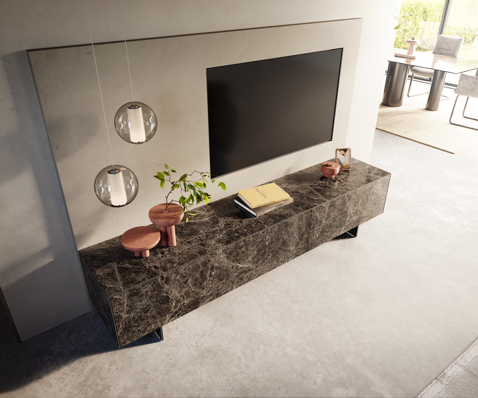 ТВ шкаф Cuor 220 см Керамика Laminam® Emperador Extra Lucidato Тъмно-кафяво 1 врата 2 чекмеджета Метална Основа Черна 4
