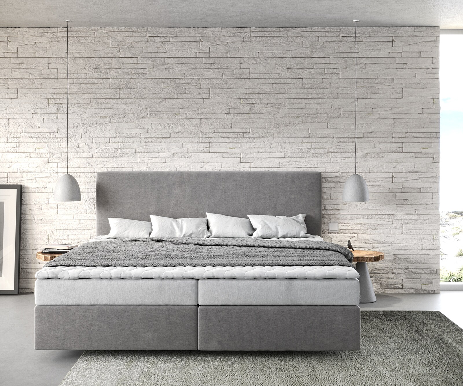 Легло Боксспринг Микрофибър Сив 200x200 cm Бонел-Матрак PU-Топер Dream-Well 1