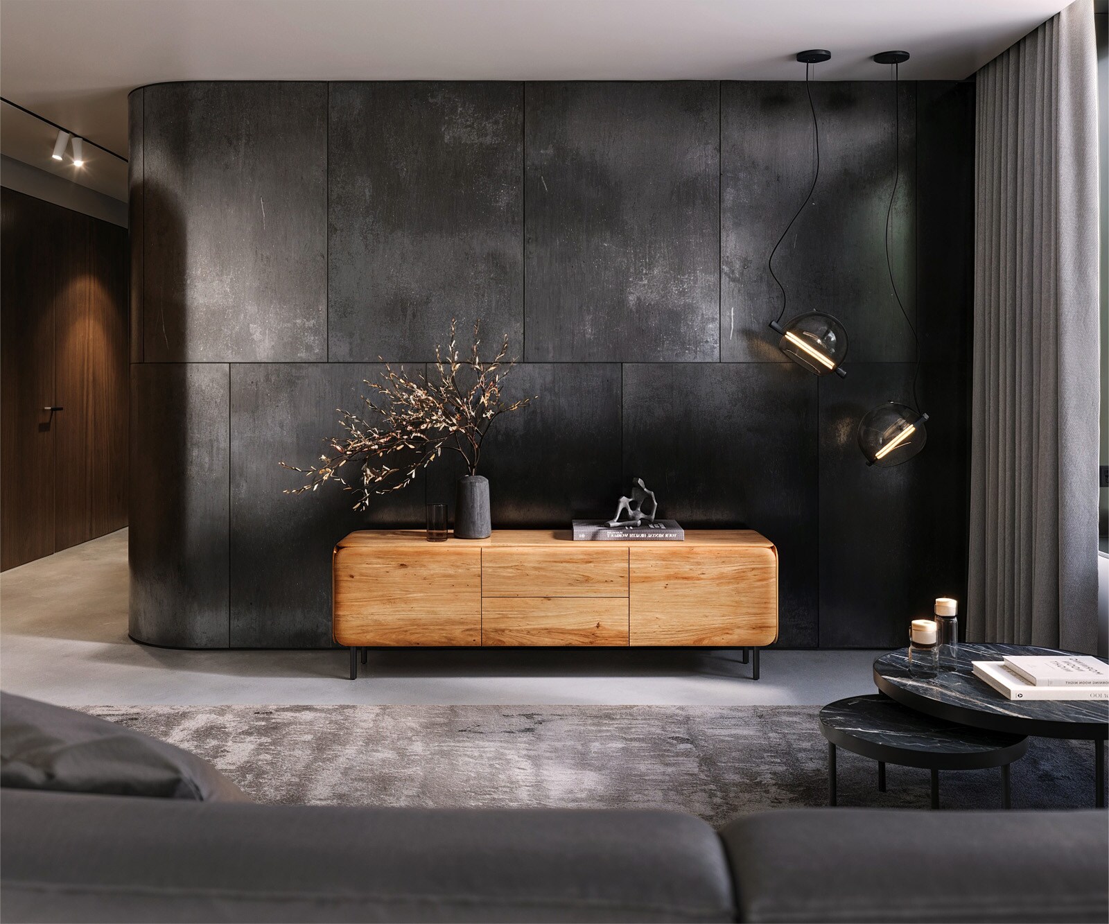 ТВ шкаф Shavani 175 cm естествена акация 2 врати 2 чекмеджета метал черен 1