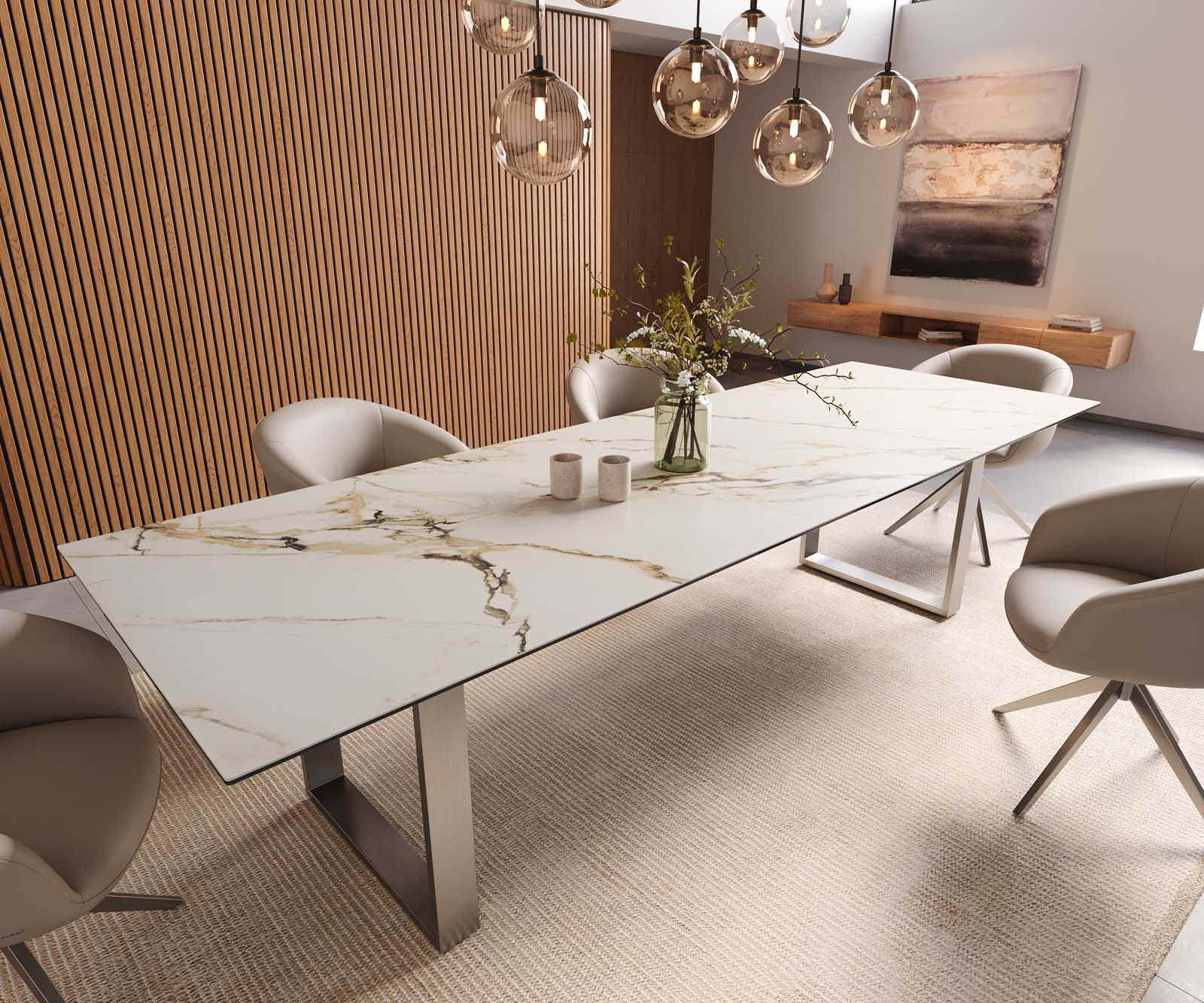 Трапезна маса Edge 300x100, керамика Calacatta Luxe, бяло-златно-сиво, неръждаема стомана, тясна 1