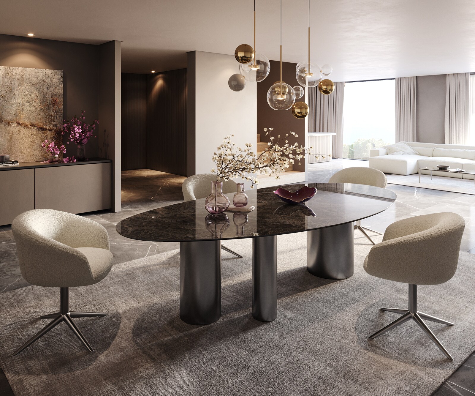Трапезна маса Edge Oval 280x130, керамика Laminam „®“, Emperador Extra Lucidato, тъмнокафяво, Troa, неръждаема стомана, графит 7