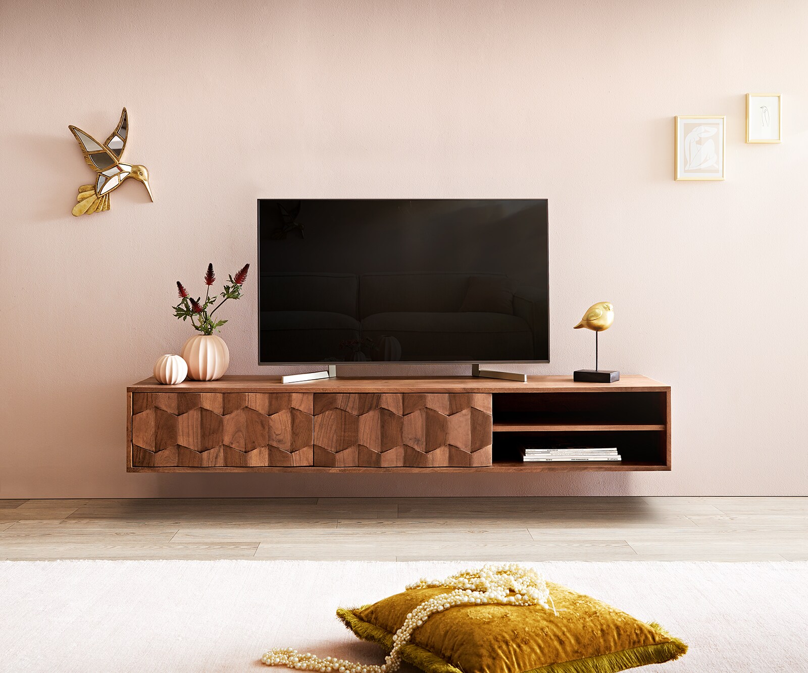 ТВ шкаф за стена Fevo 160 cm Масив Акация, 2 Врати, Кафяв  1