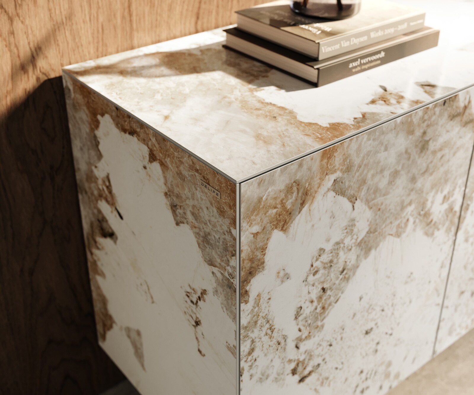 Шкаф Cuor 150 cm Керамичен Minas Melange Бяло-бежово 3 врати Foot Плаващ вид акрилно стъкло 5