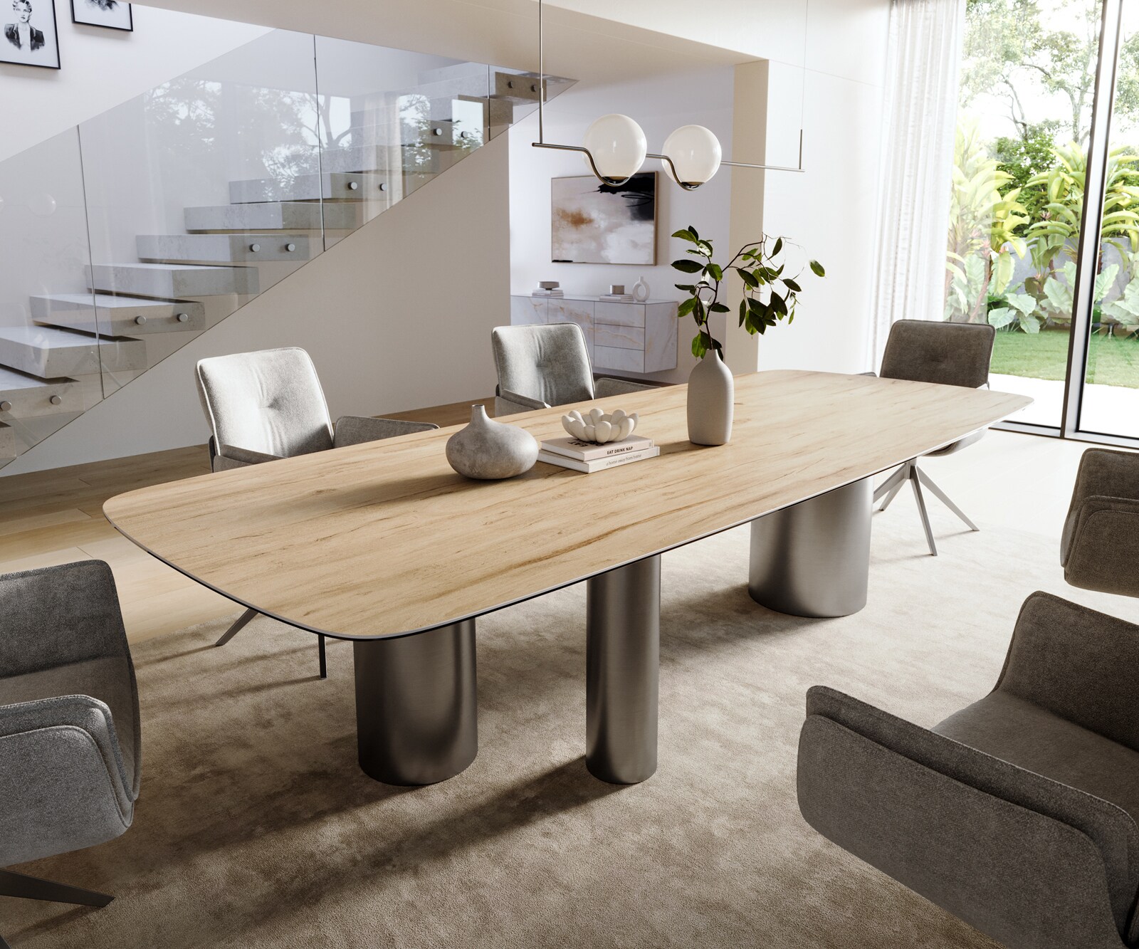 Трапезна маса Edge Boot 300x120 см, керамика Laminam „®“, цвят „Sabbia“ (дъбов), „Troa“, неръждаема стомана, графит 1