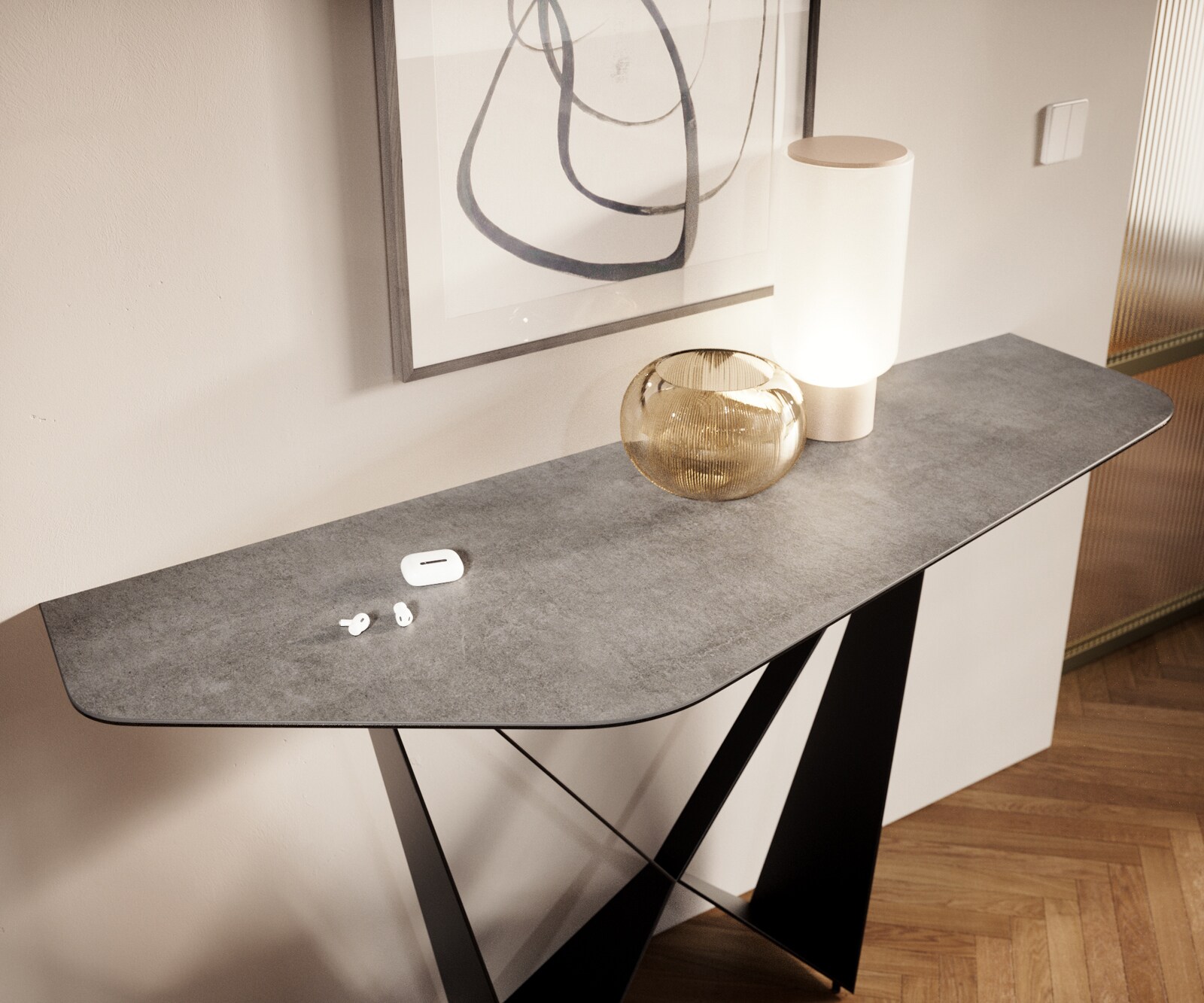 Конзолна маса Edge Polygonal 140x50 см, керамика и бетон в сиво, метал Spios в черно 5