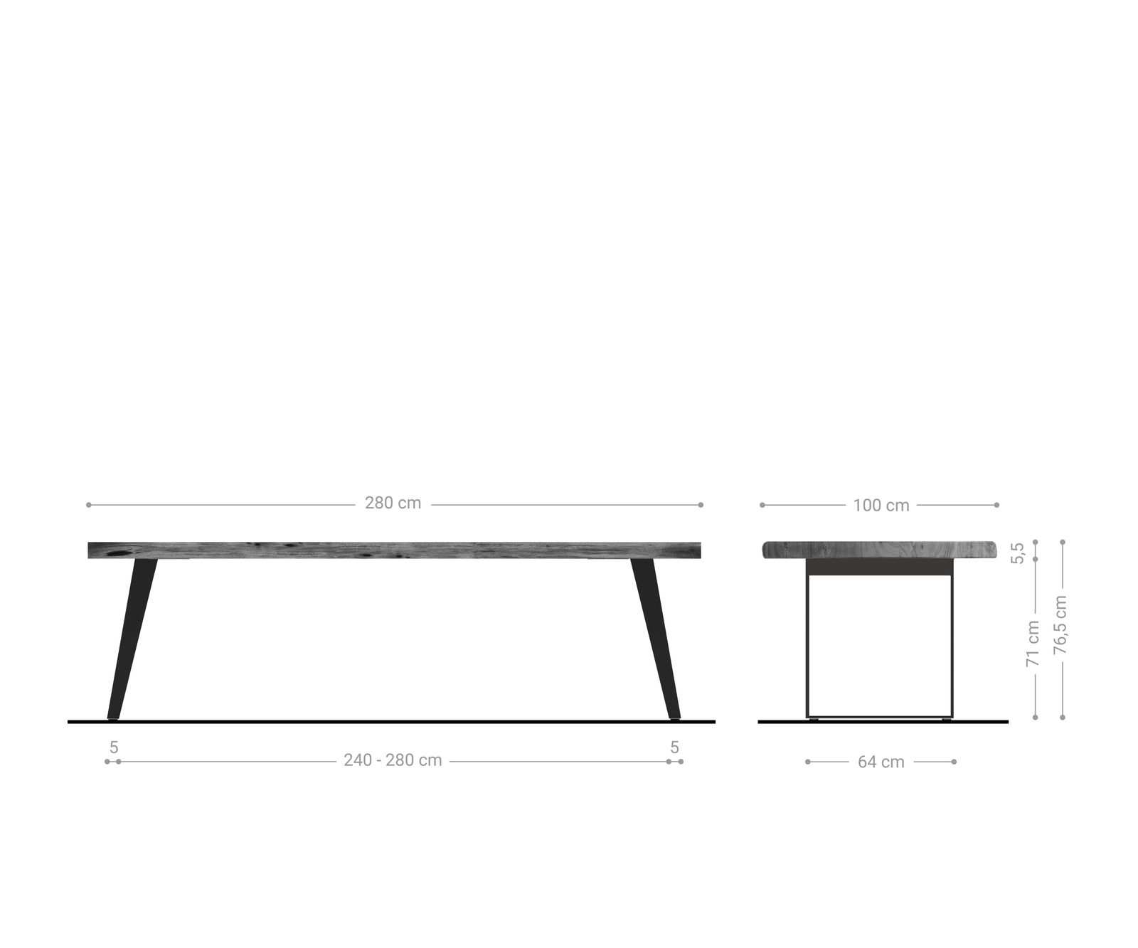 Трапезна маса Edge 280x100 XL от естествена акация, неръждаема стомана, с наклонен „Live-Edge“ ръб 6