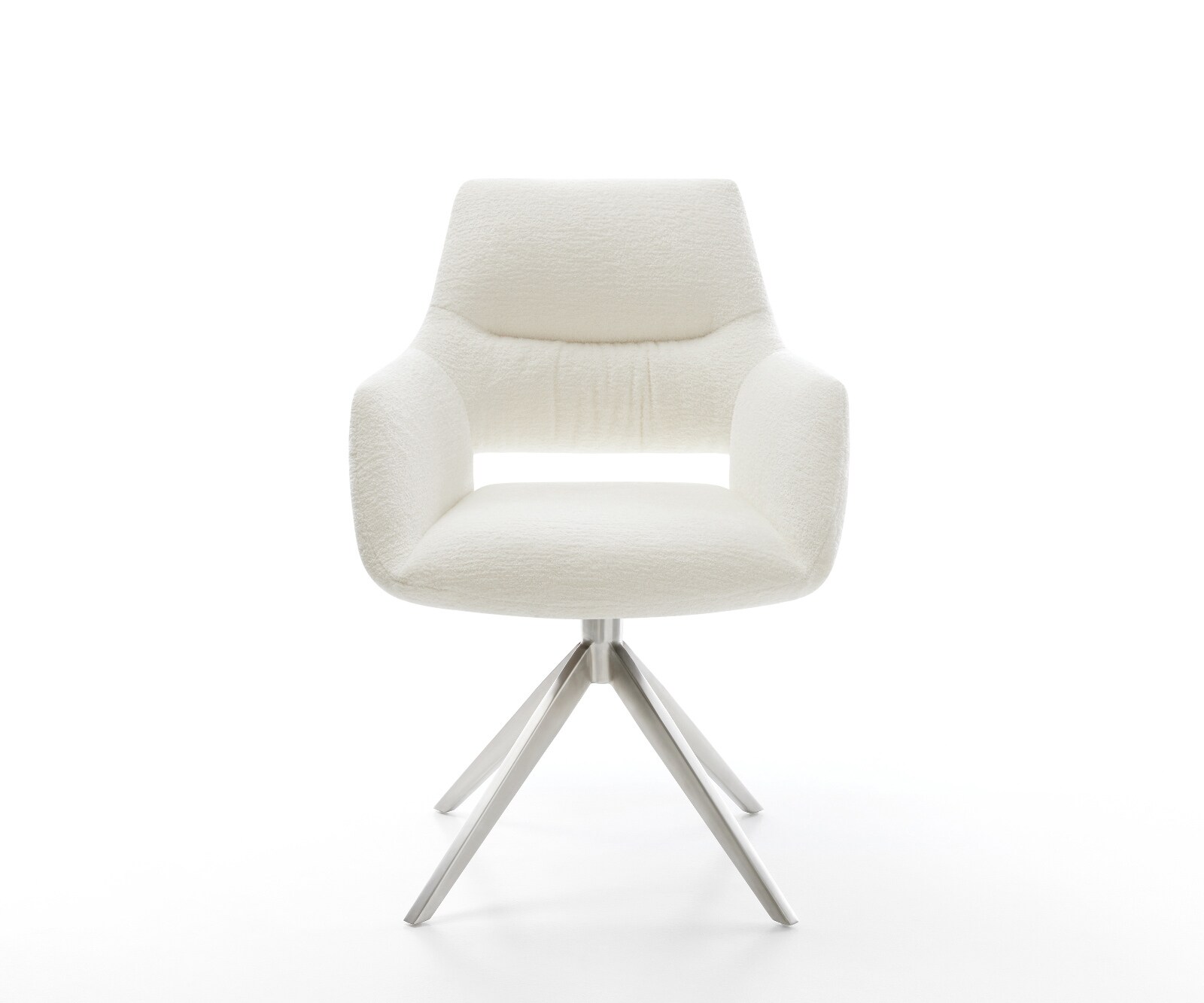 Въртящ се стол Yago-Flex с подлакътници, Букле Светлобежово, Широка кръстосана рамка, Неръждаема стомана, Въртене на 360°, Люлееща се функция, Ядро от джобни пружини 2