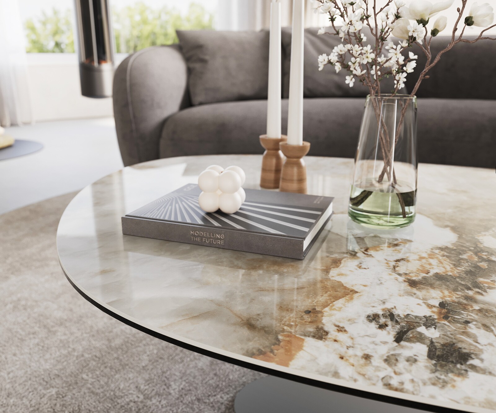 Масичка за кафе Edge Oval 140x75 cm керамика Minas Melange Vibany метален ефект покритие титан 6