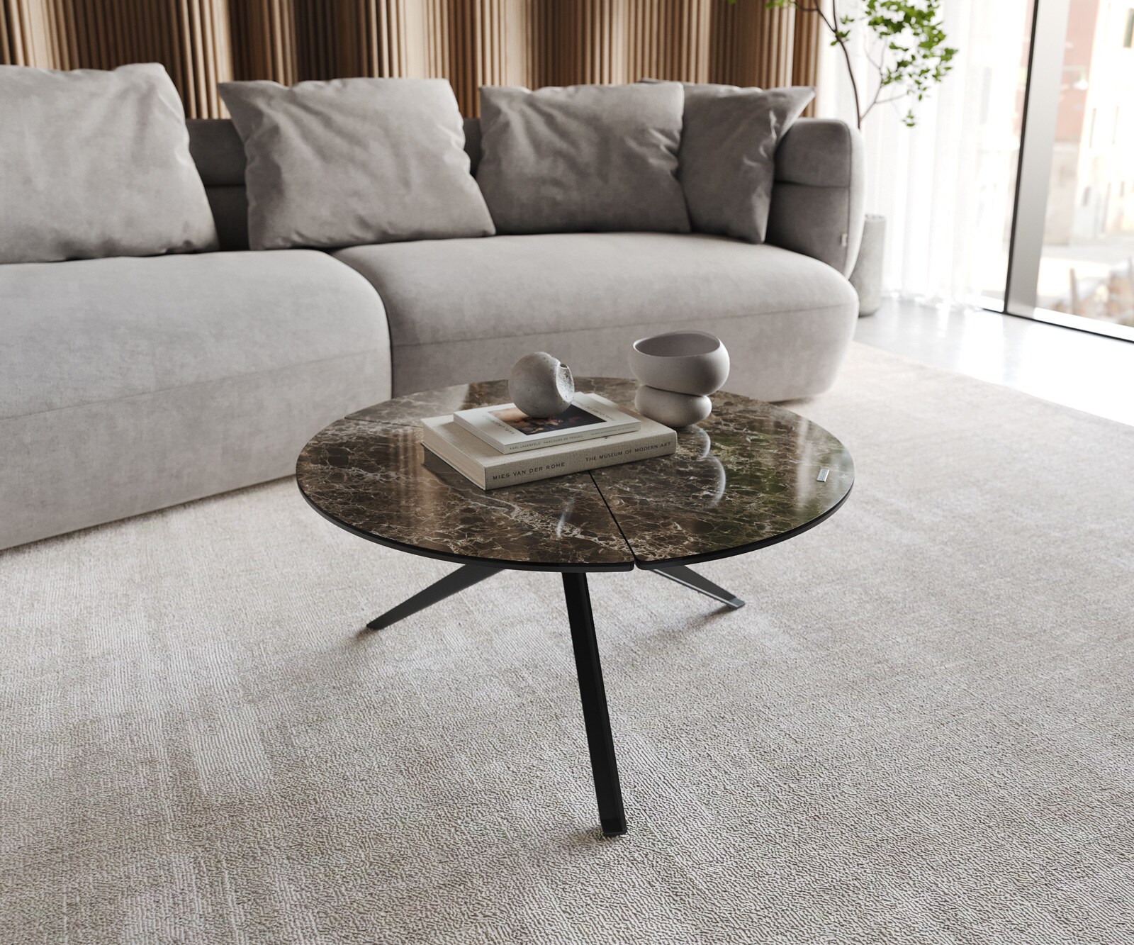 Масичка за кафе Delron 70x70 cm керамика Laminam®Emperador Extra Lucidato Тъмно кафяво Кръстосана основа Плосък метал Черен