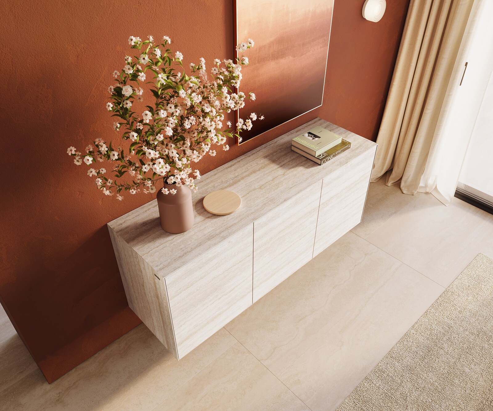 Стенен бюфет Cuor 150 см Керамика Laminam® Travertino Bianco Крем-бяло 3 врати 3