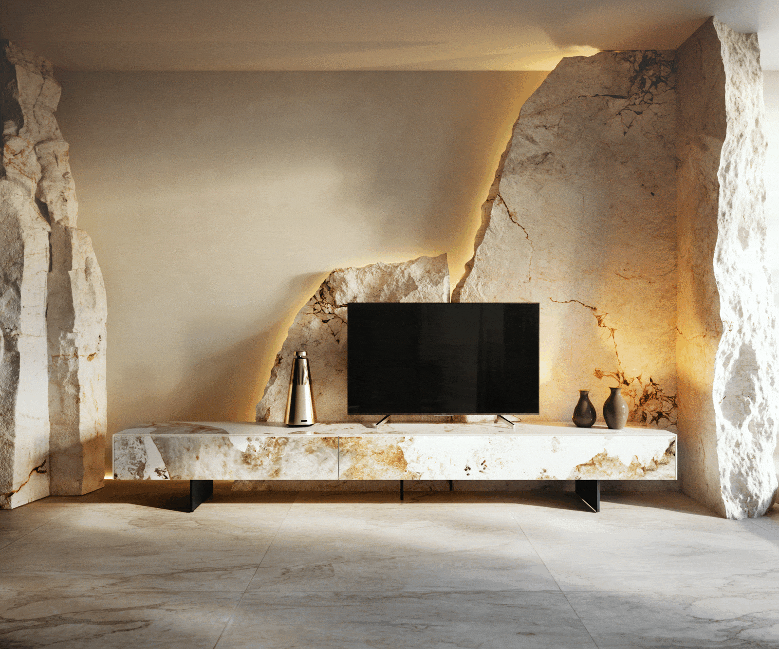 Ниска дъска Cuor 250 cm Керамика Minas Melange Бяло-бежово 1 клапа 1 чекмедже Основа Плаващ вид Метал Черно 6