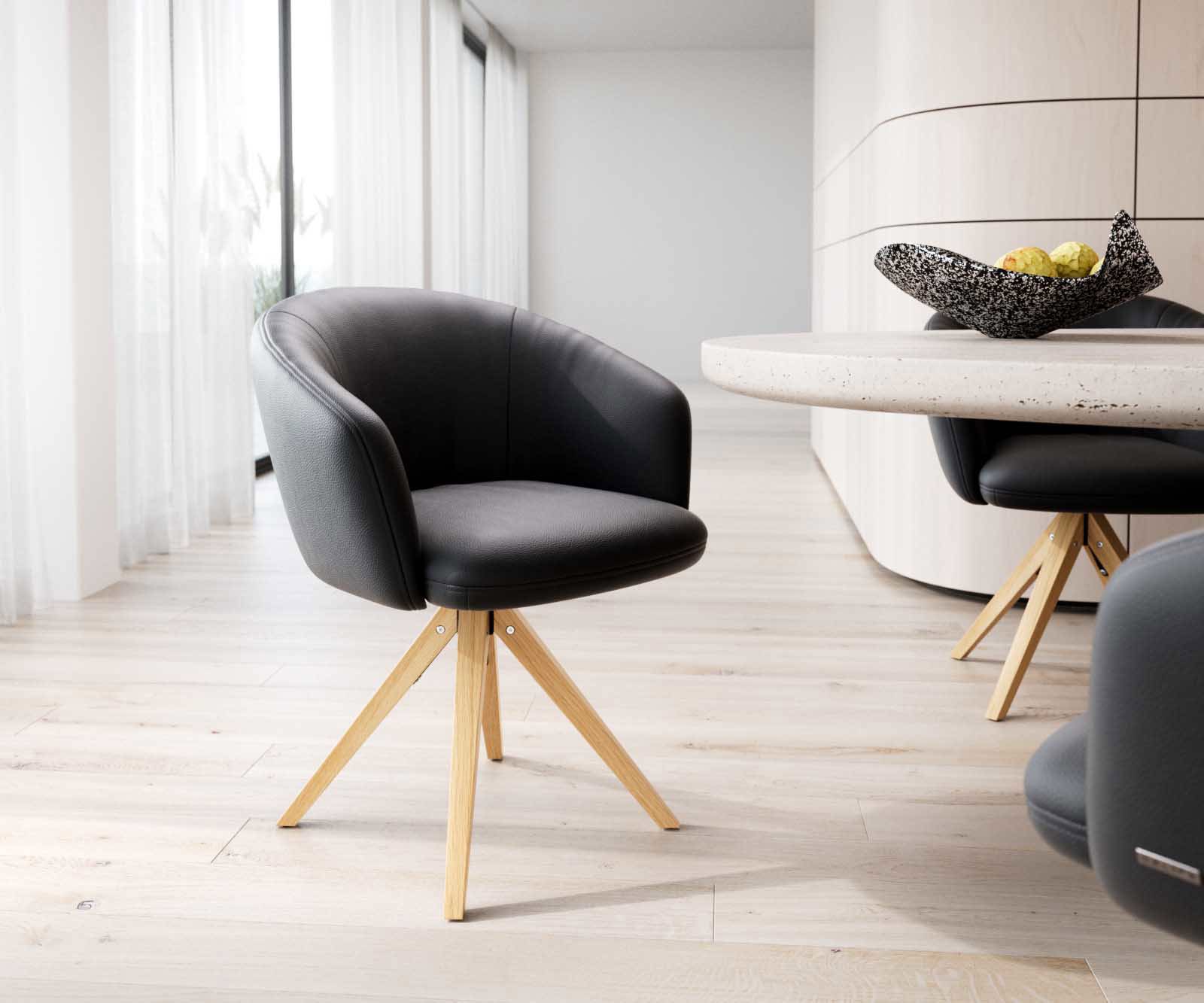 Врътящ се стол с подлакътници Естествена кожа Черен Дървена рамка  Натурал 180° въртящ се Покет пружина Caja-Flex Врътящ се стол с подлакътници Естествена кожа Черен Дървена рамка  Натурал 180° въртящ се Покет пружина Caja-Flex