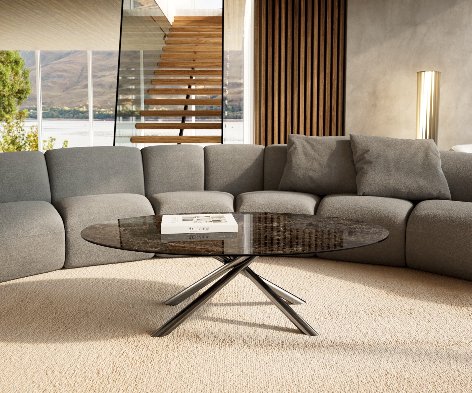 Масичка за кафе Edge Oval 140x80 cm Керамичен ламинат® Emperador Extra Lucidato Тъмно кафяво Sarity Матирана неръждаема стомана 2