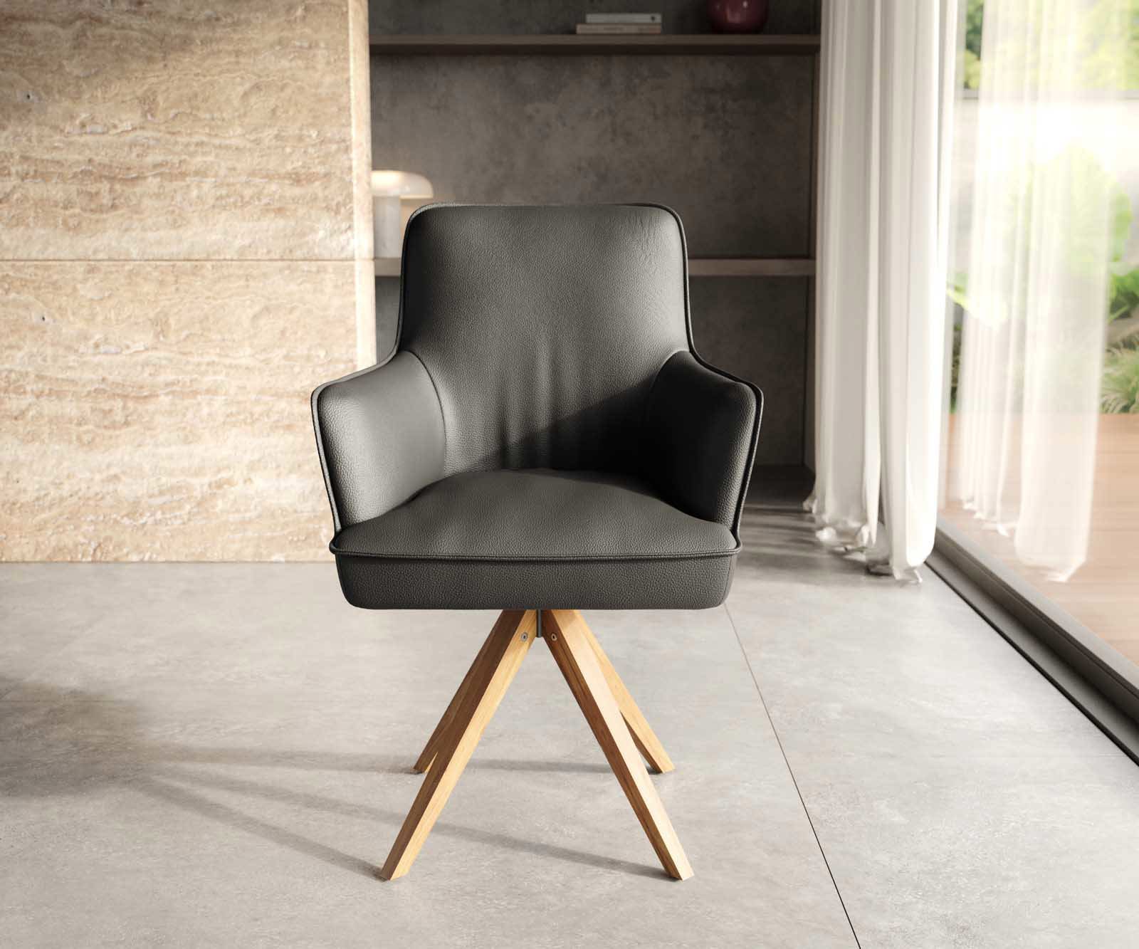 Врътящ се стол с подлакътници Естествена кожа Черен Дървена рамка  Натурал 180° въртящ се Покет пружина Heira-Flex 2