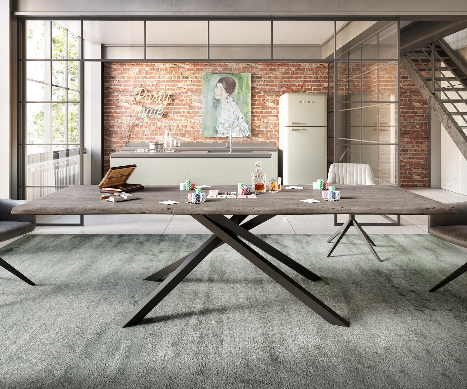 Трапезна маса Edge 260x100, акация, платинен цвят, кръстообразна рамка, правоъгълна, черна, с естествени ръбове 1
