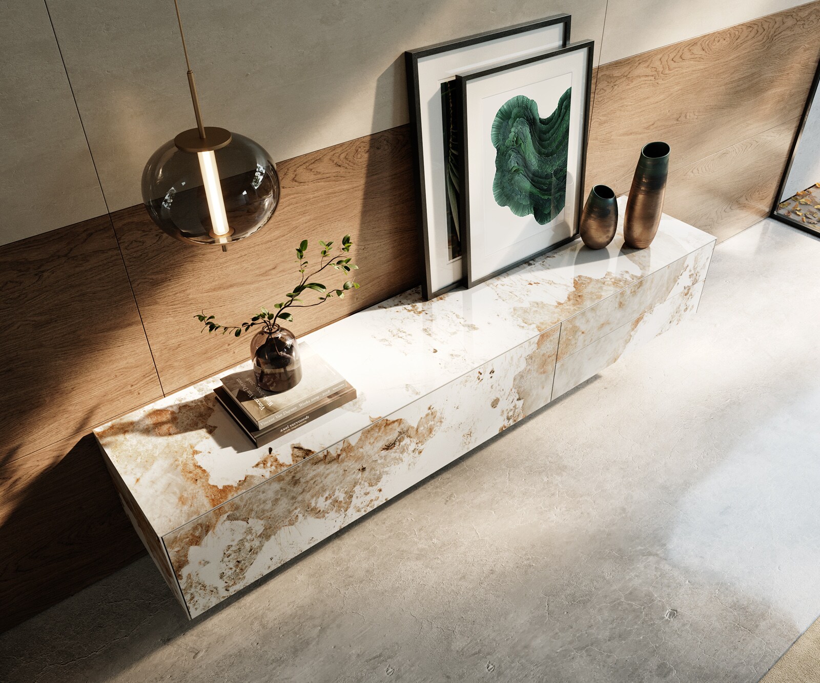 Стенен ТВ шкаф Cuor 220 см Керамика Minas Melange бяло-бежово 1 врата 2 чекмеджета 3