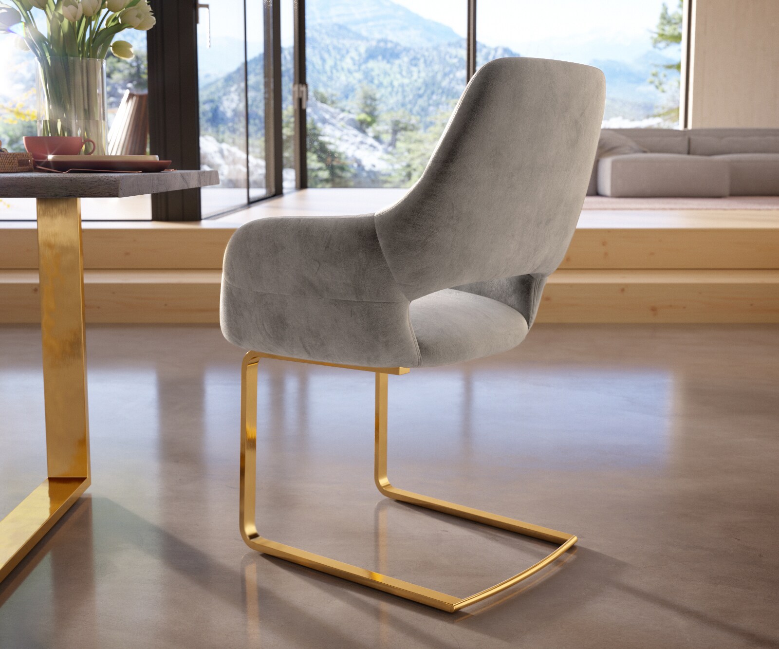 Люлеещ стол с подлакътници Кадифе Сив Конзолен крак плосък Злато Yago-Flex 4