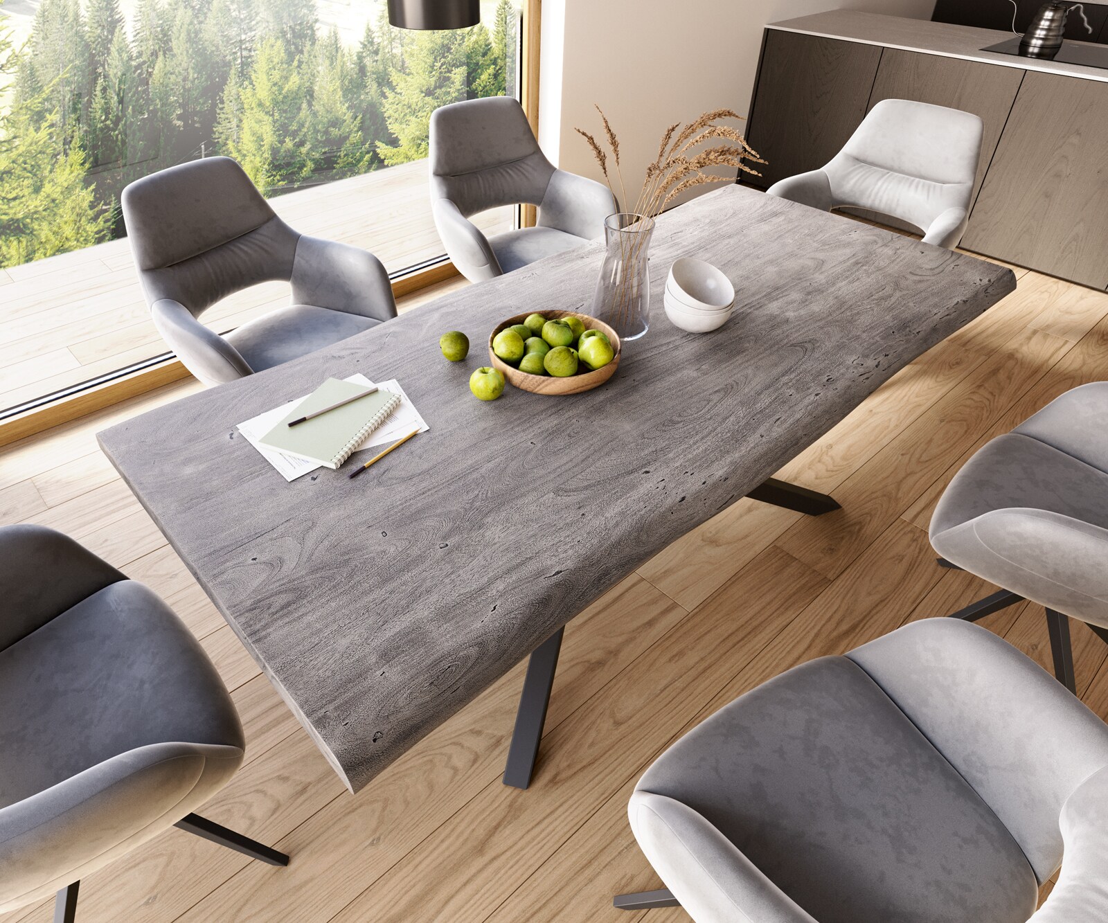 Трапезна маса Edge 220x100 XL от акация, платинен цвят, кръстообразна конструкция, правоъгълна, черна, с естествени ръбове 3