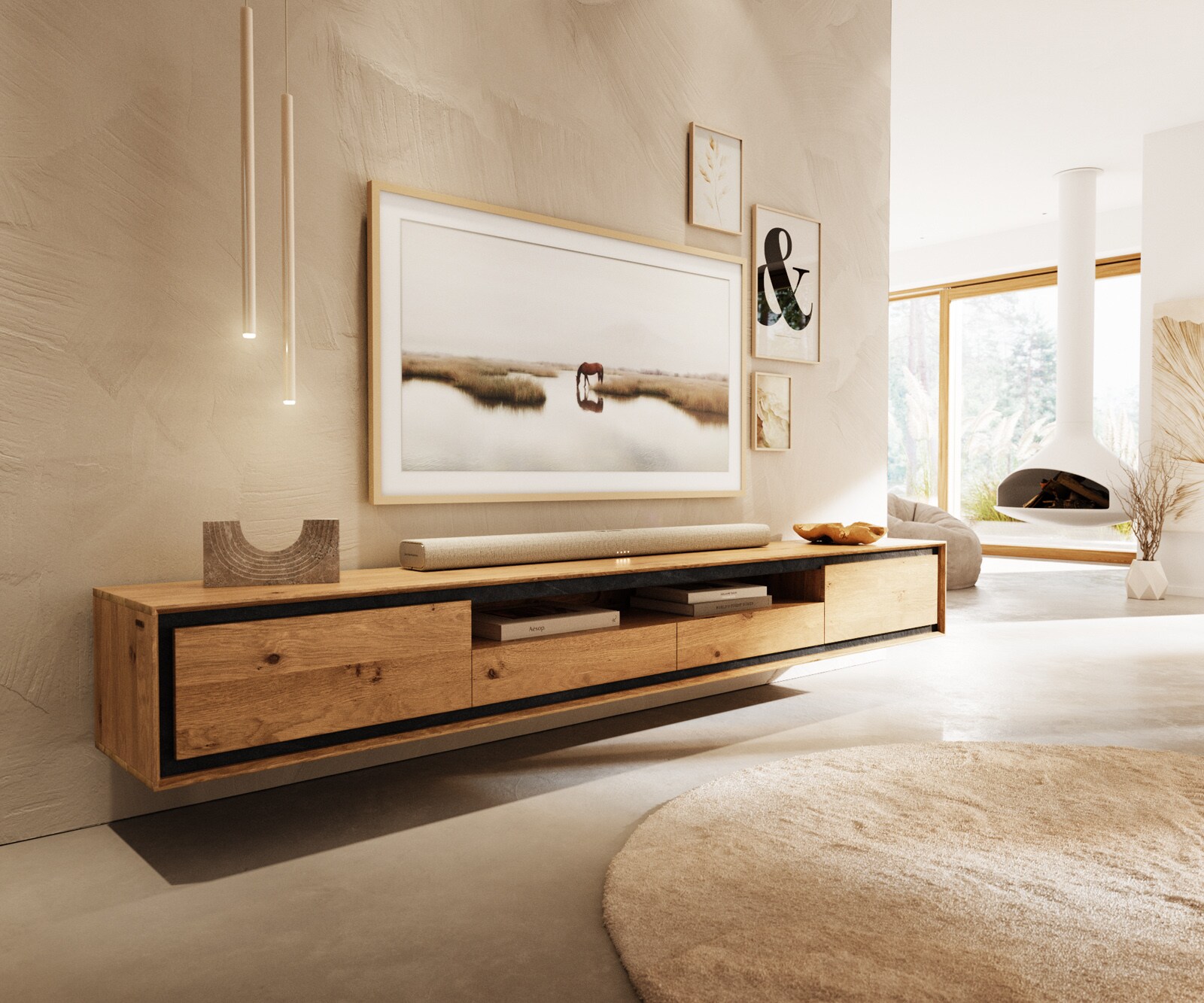 Нисък плот Stonegrace 240 cm естествен дъб 2 врати 1 отделение 2 чекмеджета каменен фурнир Плаващ