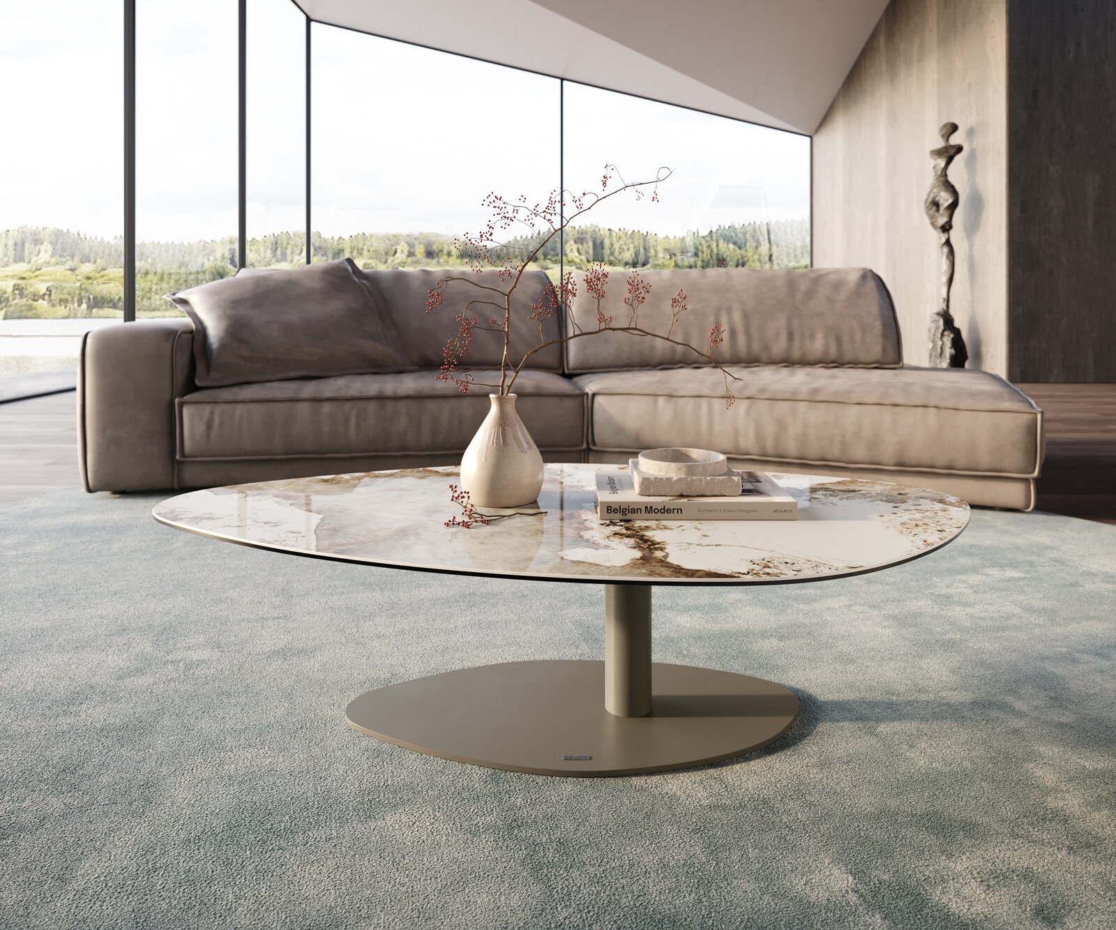 Масичка за кафе Edge Organic 140x76 cm керамика Minas Melange Vibany метален ефект покритие титан 1