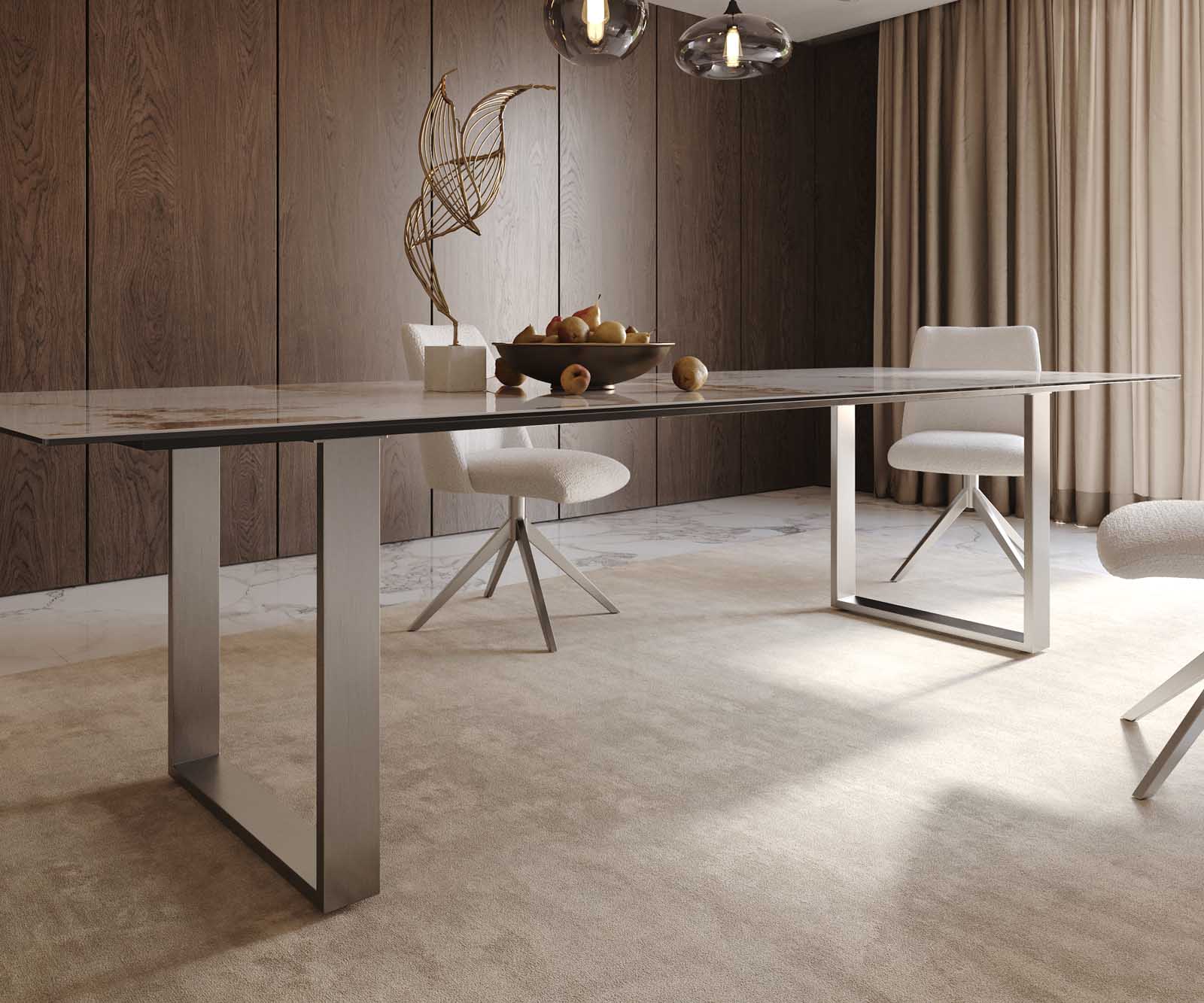 Трапезна маса Edge 300x100, керамика „Minas Melange“ (бяло-бежова), неръждаема стомана, тясна 7