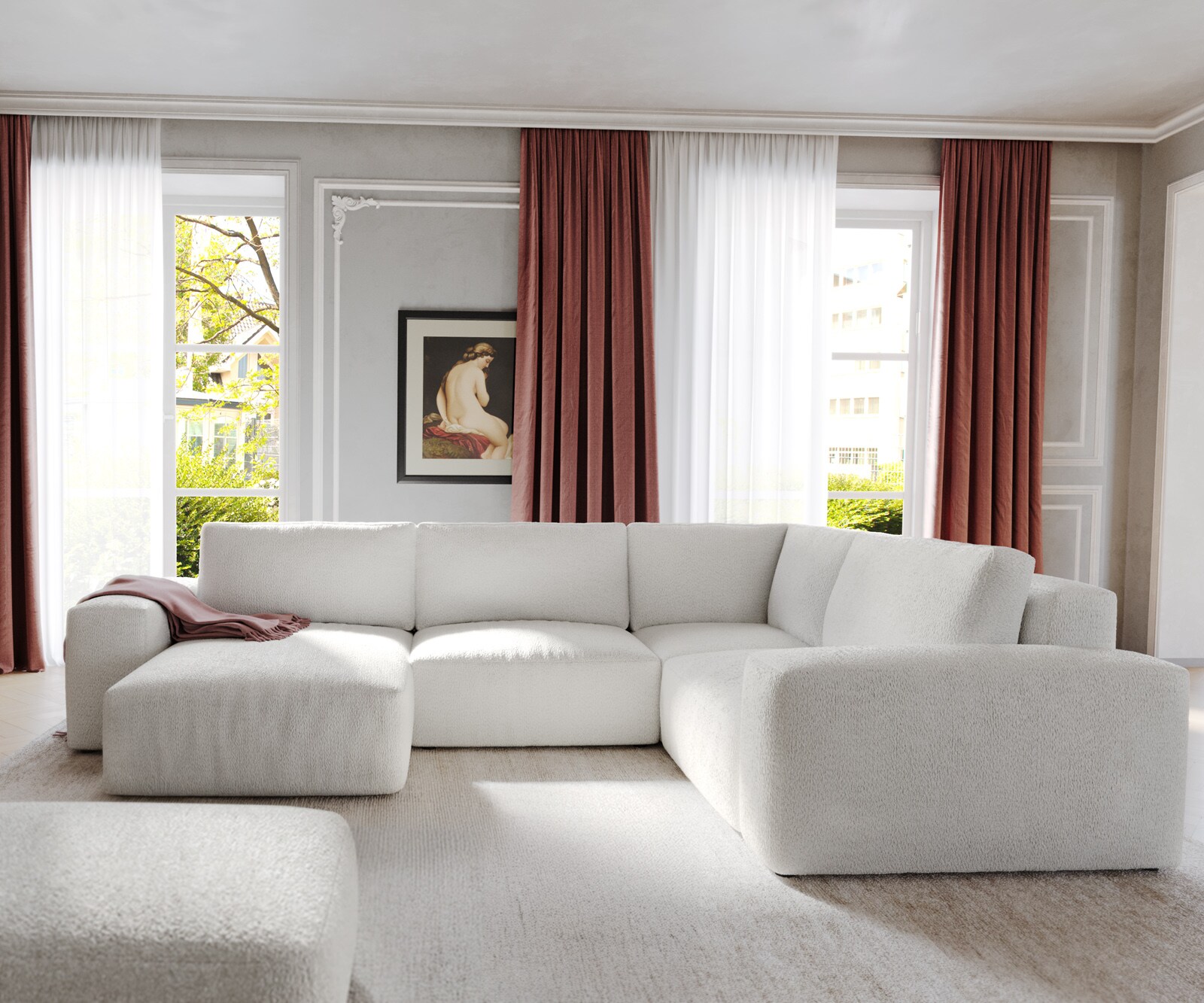 Холна гарнитура Lanzo 300x210 см Букле кремаво-бяло Recamiere променлива с осман 2