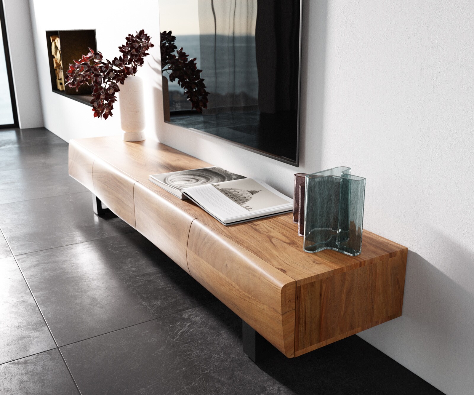 Ниска дъска New Live-Edge 200 cm акация естествена 4 вратички метален бегач черен 1