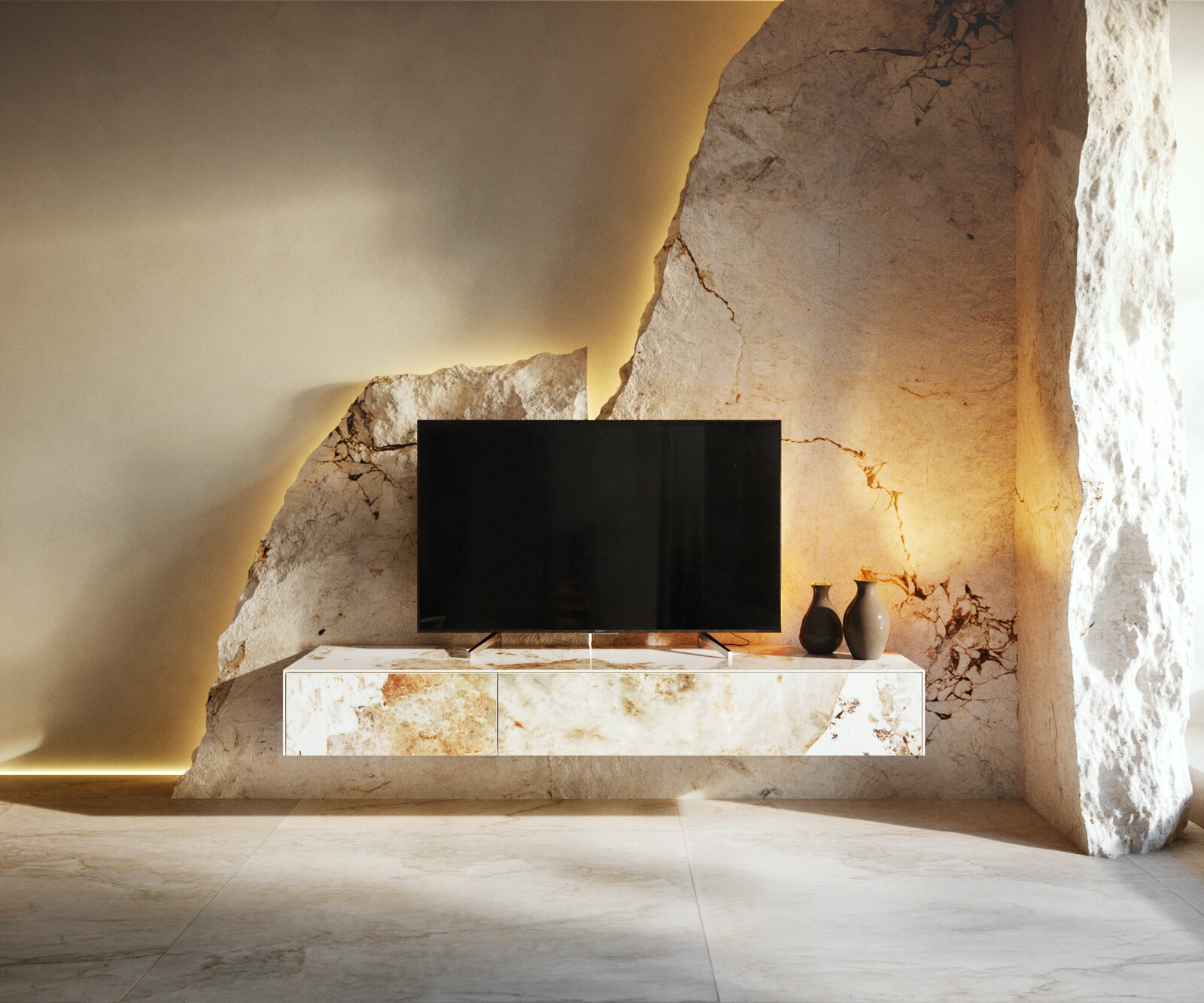 Нискък Шкаф Cuor 150 cm керамика Minas Melange бяло-бежово 1 клапа 1 чекмедже Плаващ