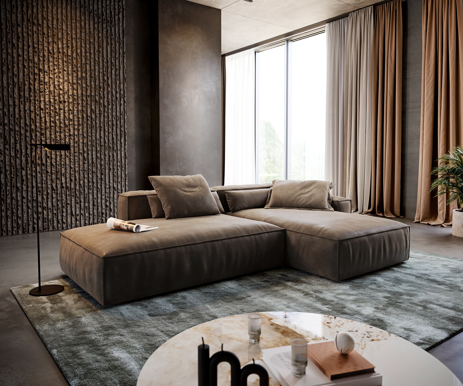 Ъглов диван Freestyle 310x200 cm микрофибър сив цвят винтидж шев с тръби