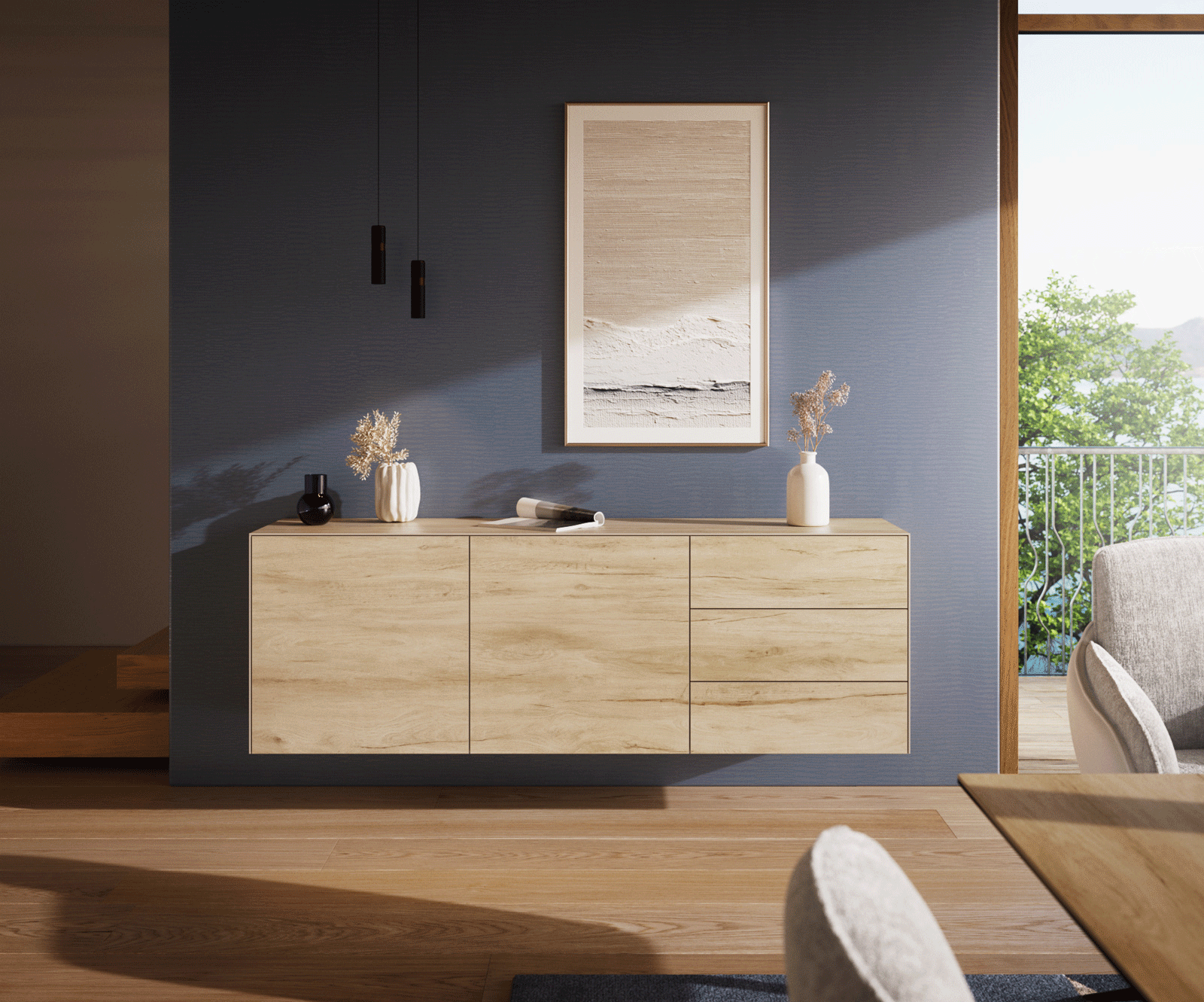 Стенен Бюфет Cuor 180 см Керамика Laminam® Sabbia Дъб 2 врати 3 чекмеджета  1