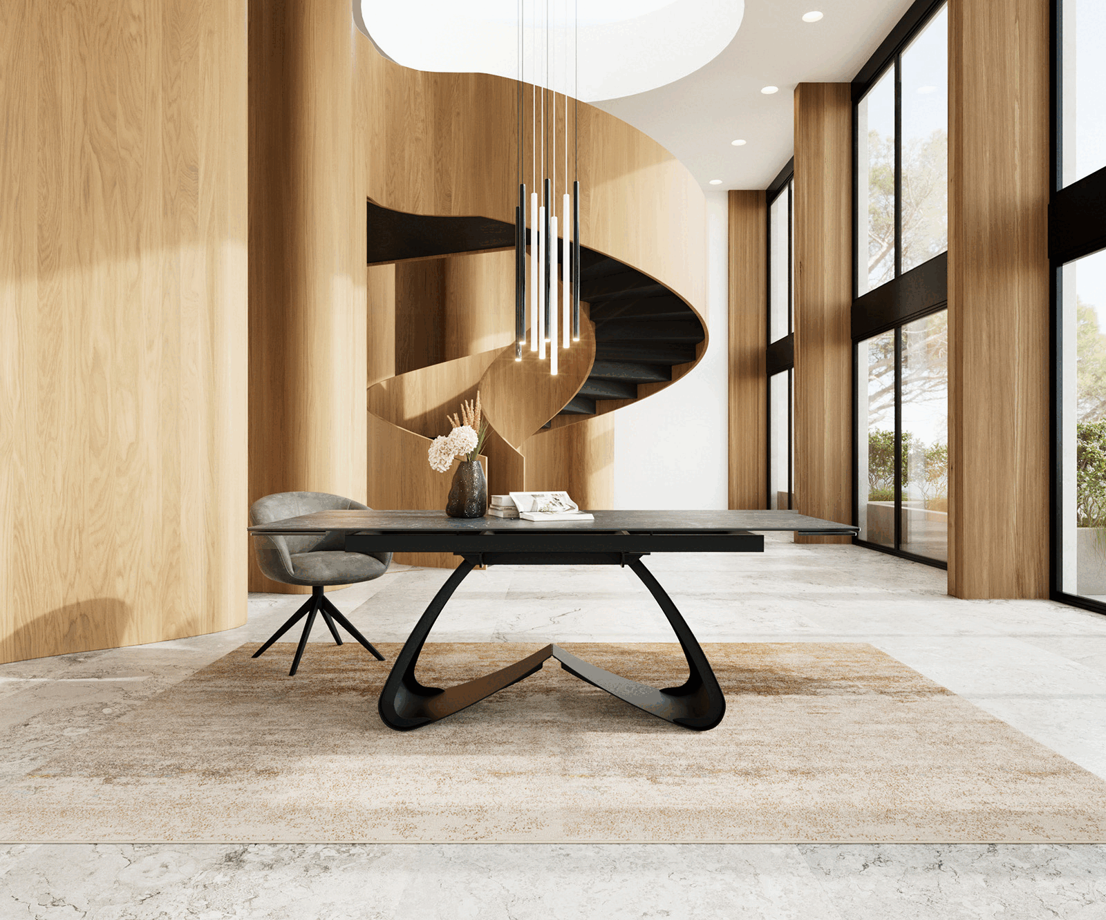 Разтегателна трапезна маса Edge 200-300х100 см Керамика Laminam® Nero Greco Антрацит W-образна основа Черен 1