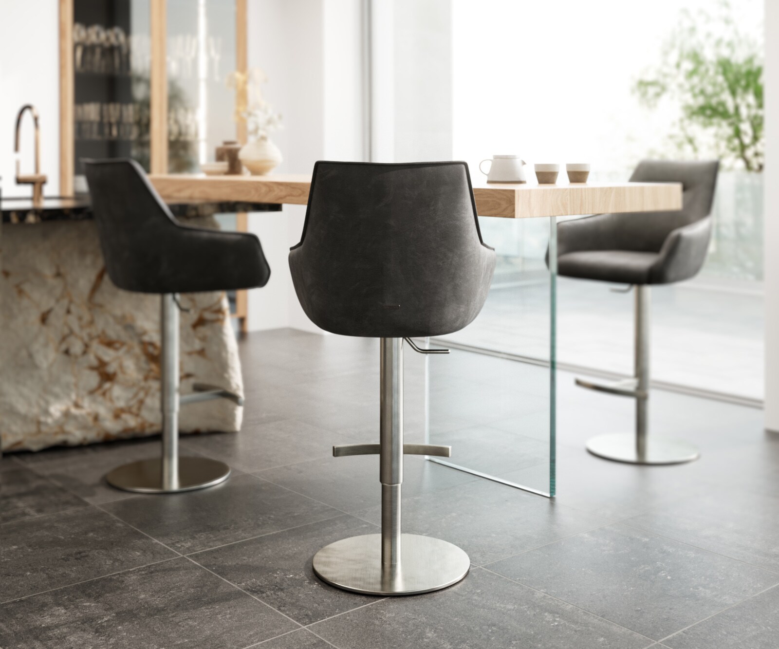 Бар стол Микрофибър Антрацит Винтидж Въртяща се основа с регулируема височина Неръждаема стомана  Покет пружина Alja-Flex 4