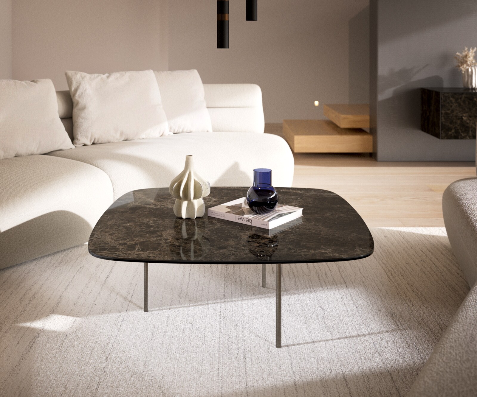 Масичка за кафе Edge Boot 90x90 cm керамика Laminam® Emperador Extra Lucidato Тъмнокафяв плот Матирана неръждаема стомана 2