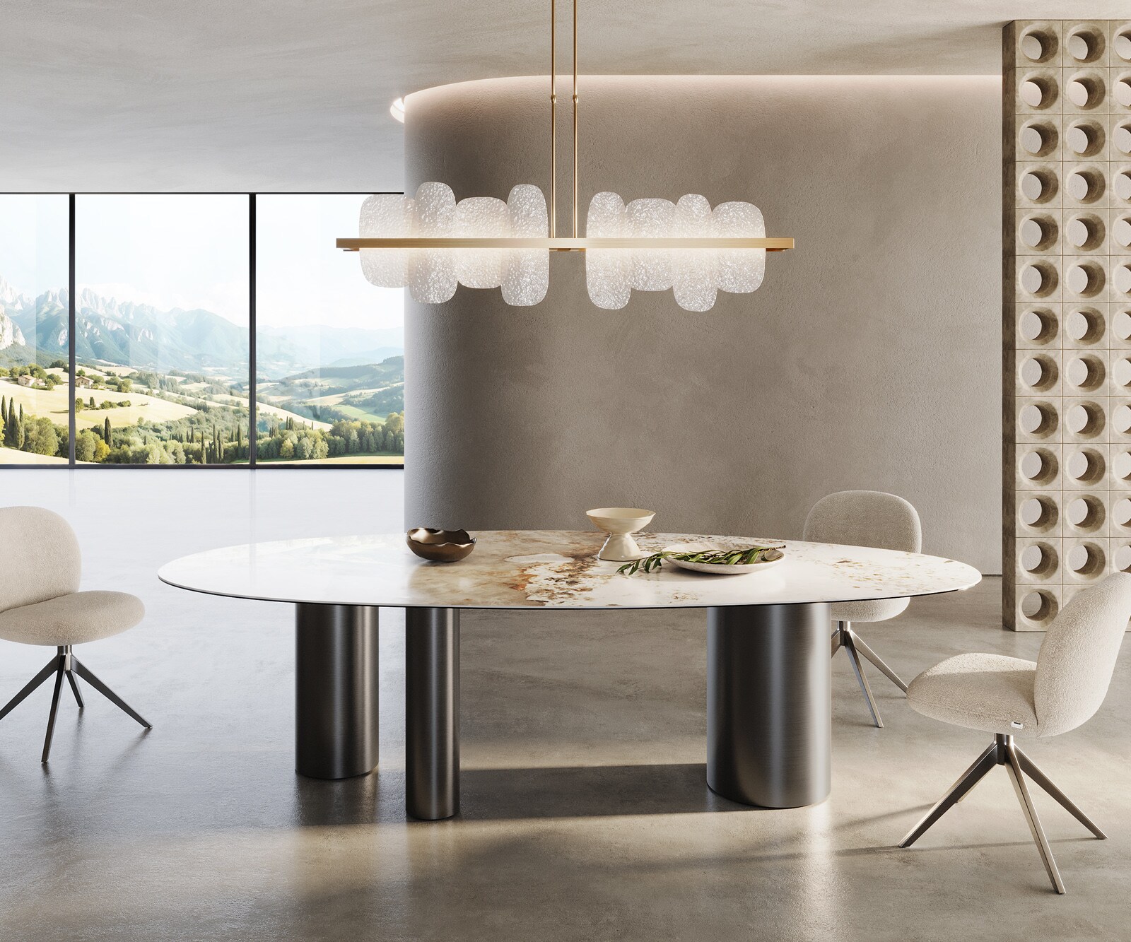 Трапезна маса Edge Oval 280x130, керамика Minas Melange, бяло-бежово, Troa, неръждаема стомана, графит