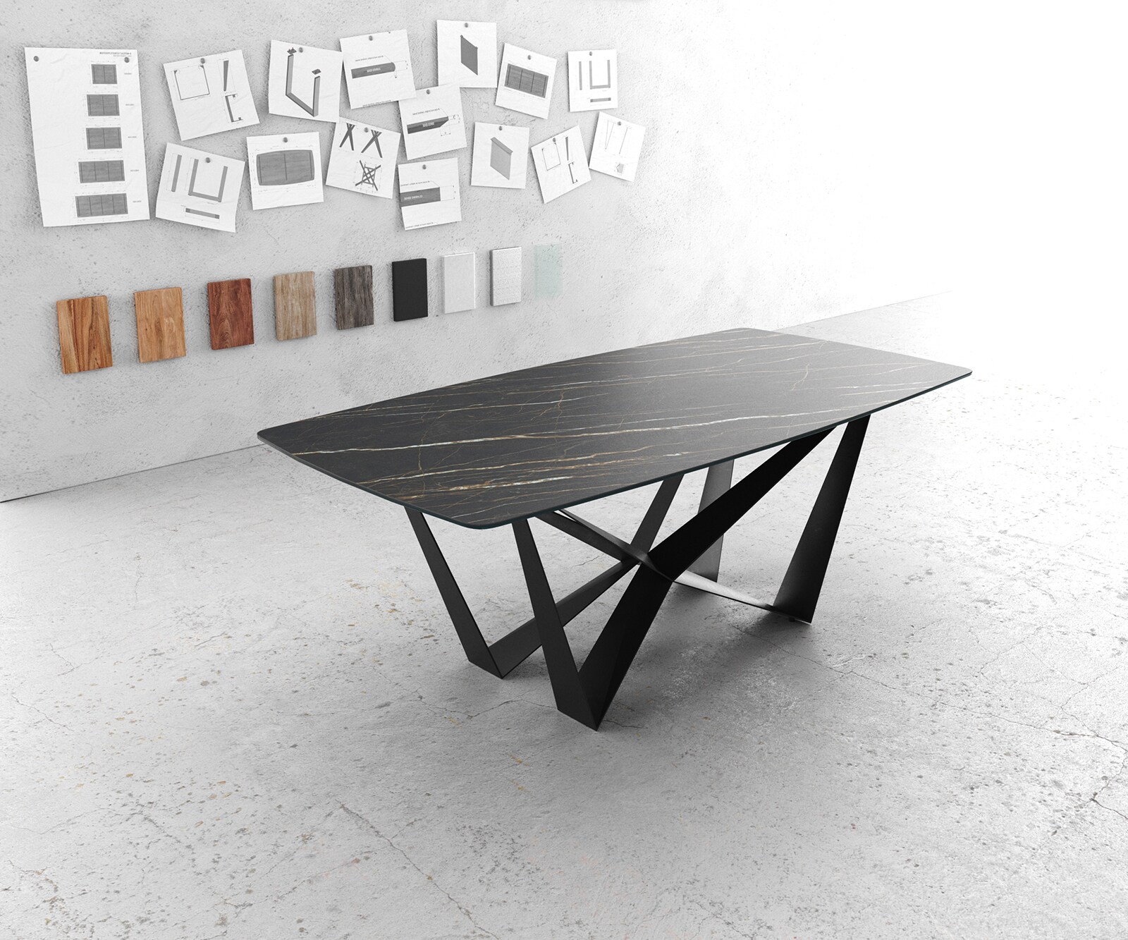Маса Bootsform 200x100cm Laminam® Keramik Noir Desir Кафяв среден крак плоска стомана Черен Edge