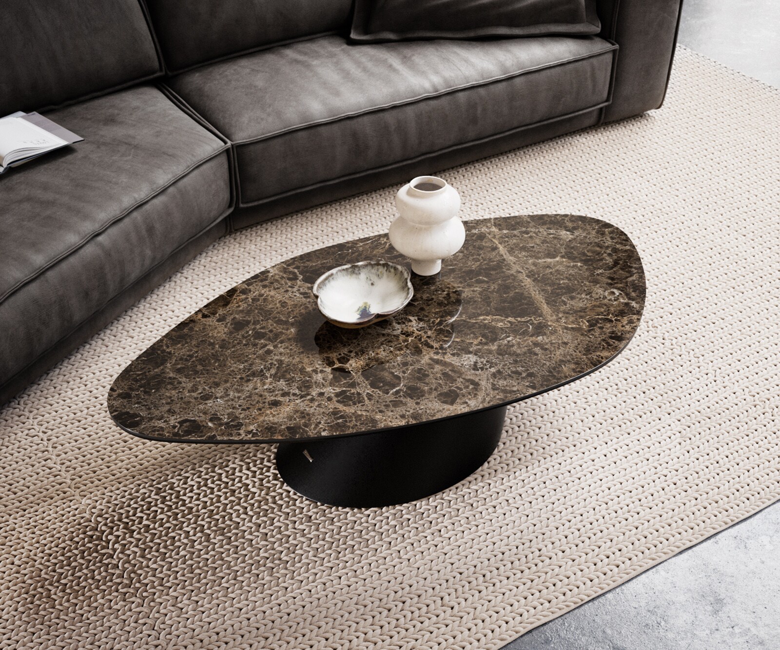Масичка за кафе Edge Organic 140x76 cm Керамичен ламинат® Emperador Extra Lucidato Тъмно кафяво Conis Metal Black 4