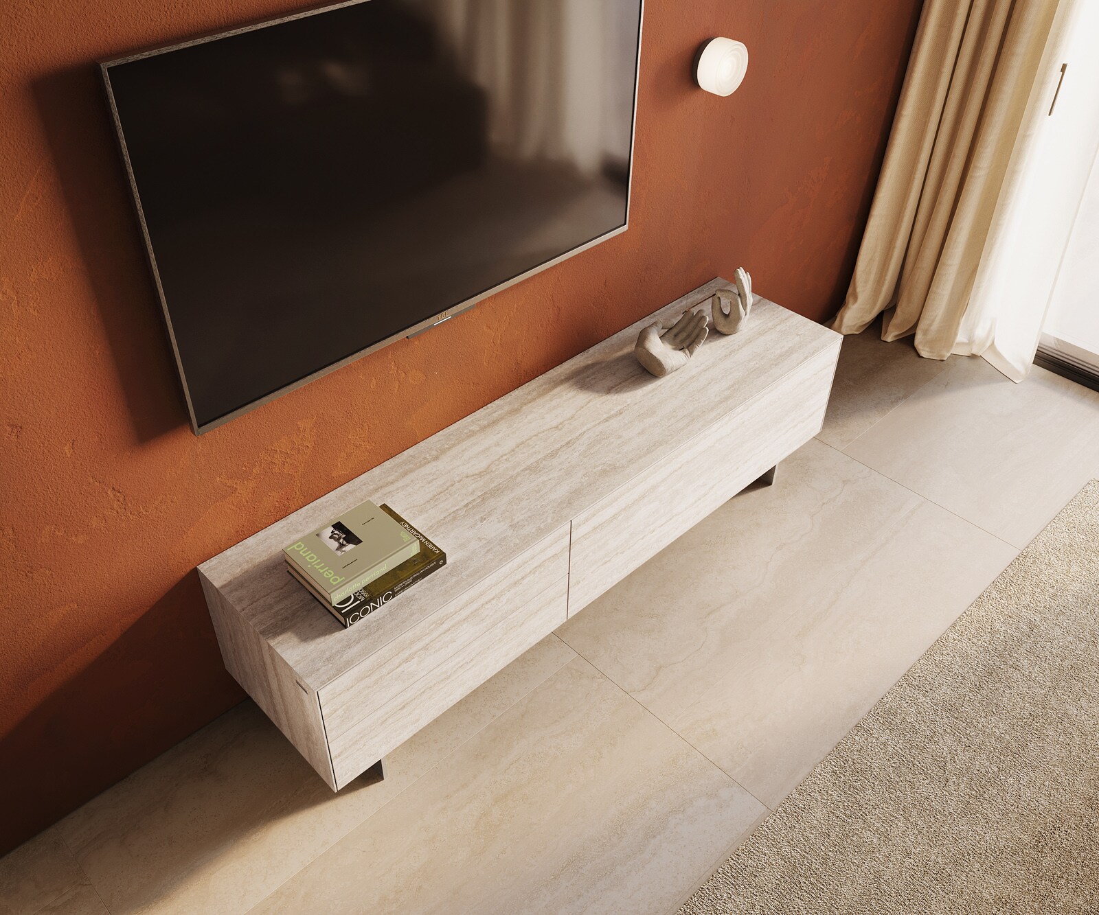 ТВ шкаф Cuor 180 см Керамика Laminam® Travertino Bianco Крем-бяло 1 врата 2 чекмеджета Основа Неръждаема стомана 3
