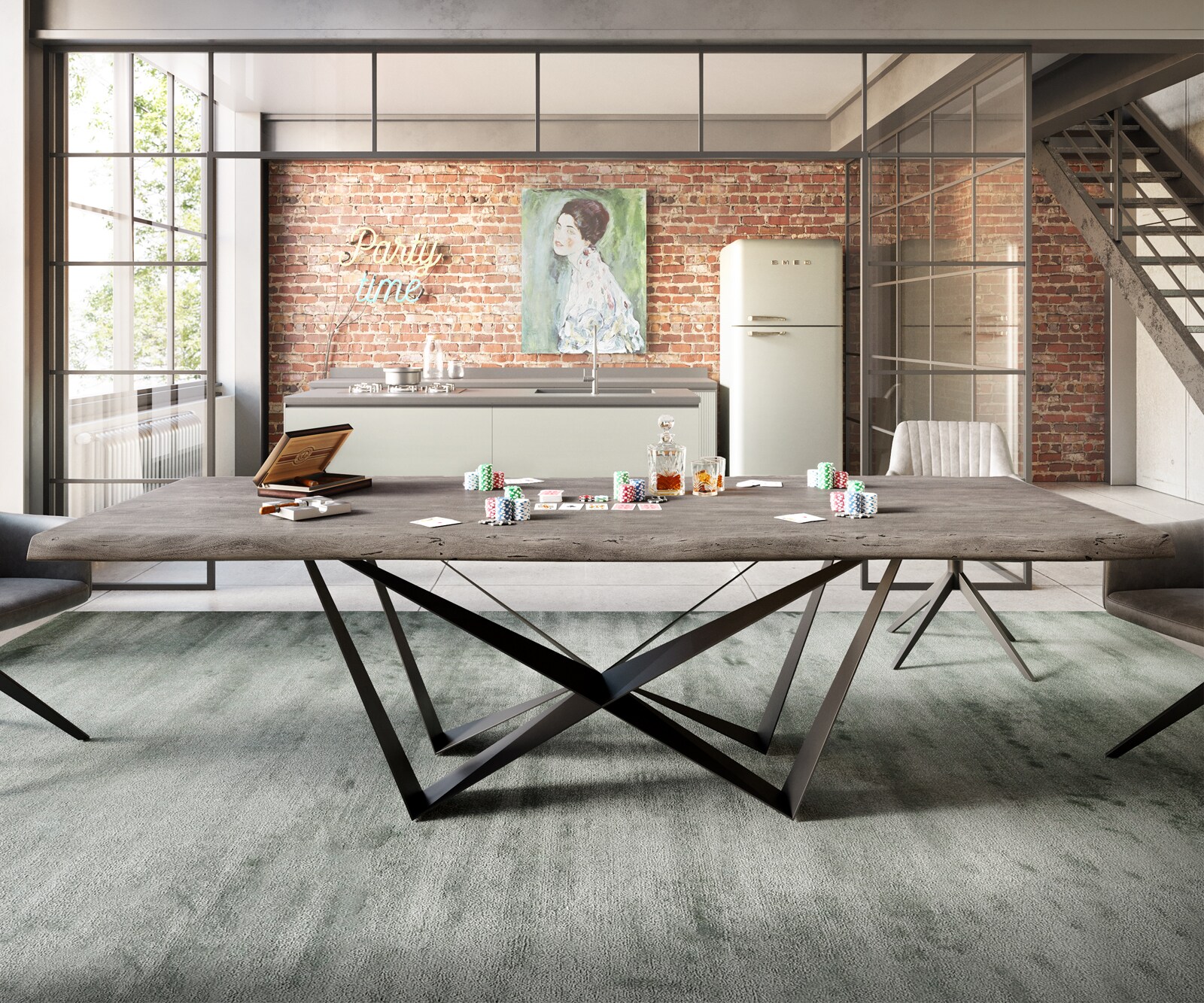 Трапезна маса Edge 260x100 XL от акация, „Платина“, „Спайдър“, плоска стомана в черно, с естествени ръбове 5