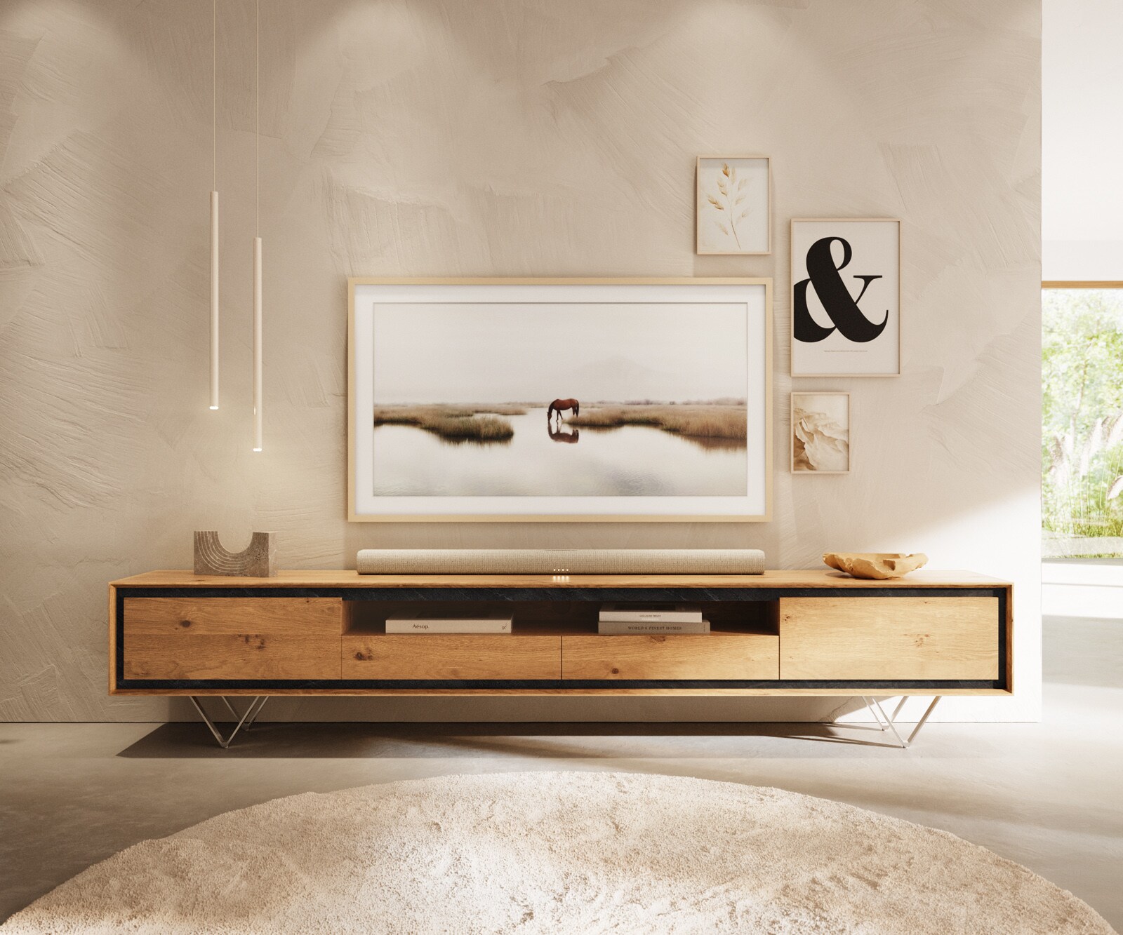 ТВ шкаф Stonegrace 240 см естествен дъб 2 врати 1 отделение 2 чекмеджета каменен фурнир V-образен крак неръждаема стомана 1