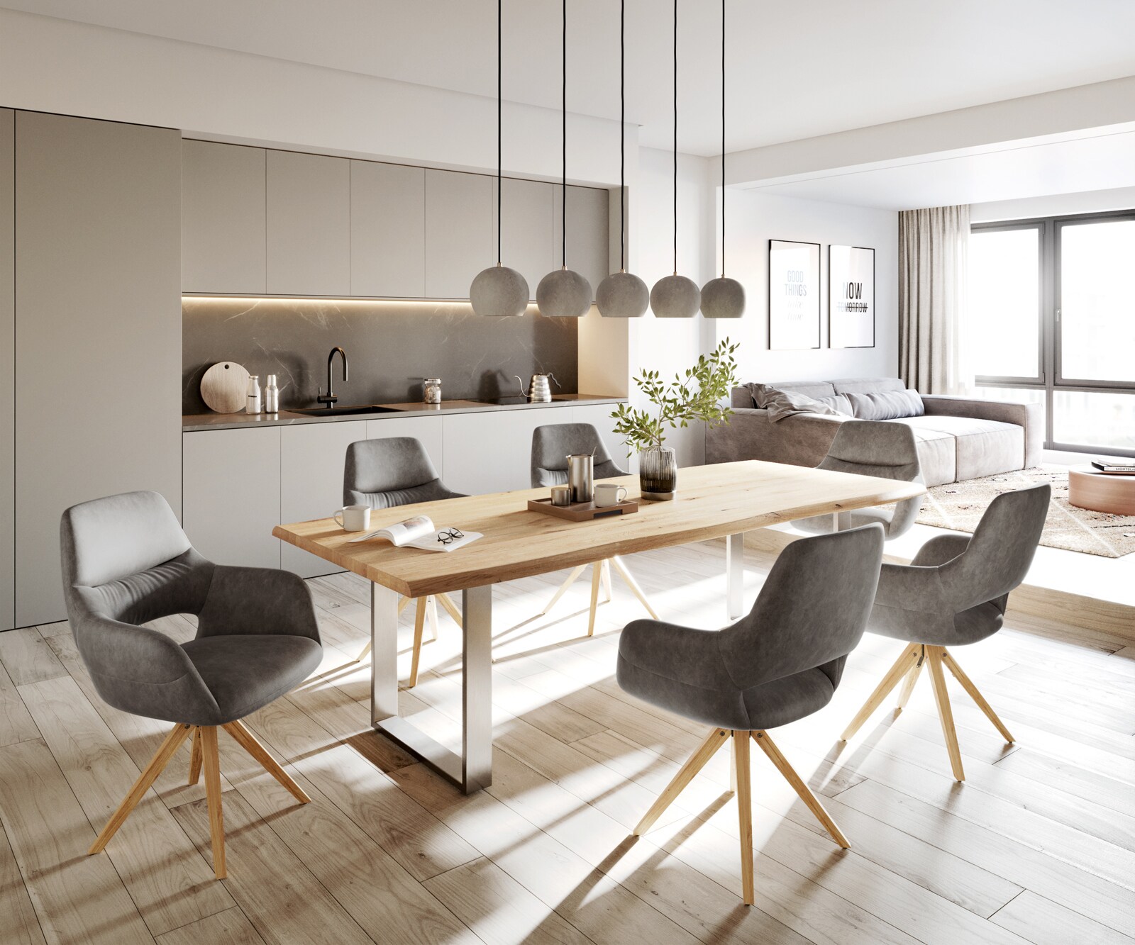 Врътящ се стол с подлакътници Антрацит Винтидж Дървена рамка  180° въртящ се Yago-Flex 4