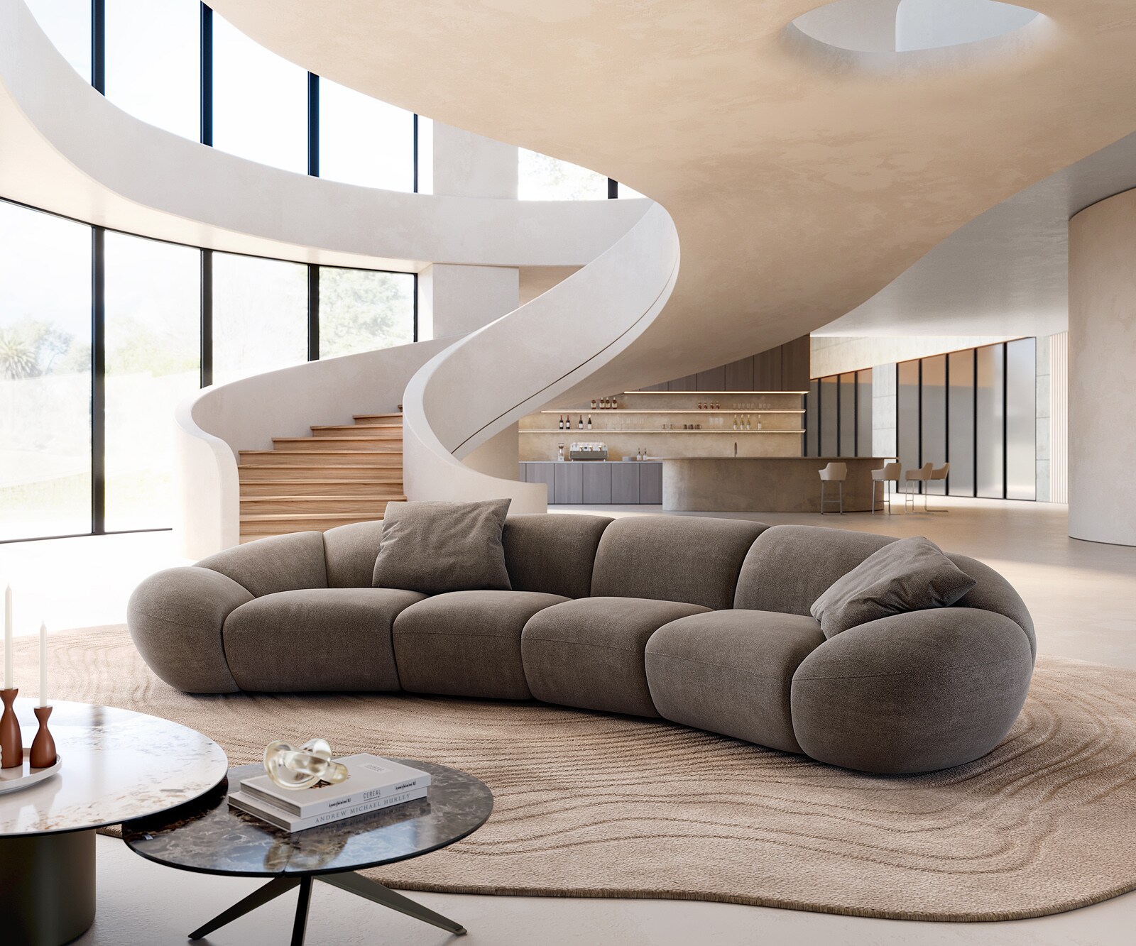 Голям диван Lunna 360x175 cm структуриран плат Soft Taupe 2 възглавници 1