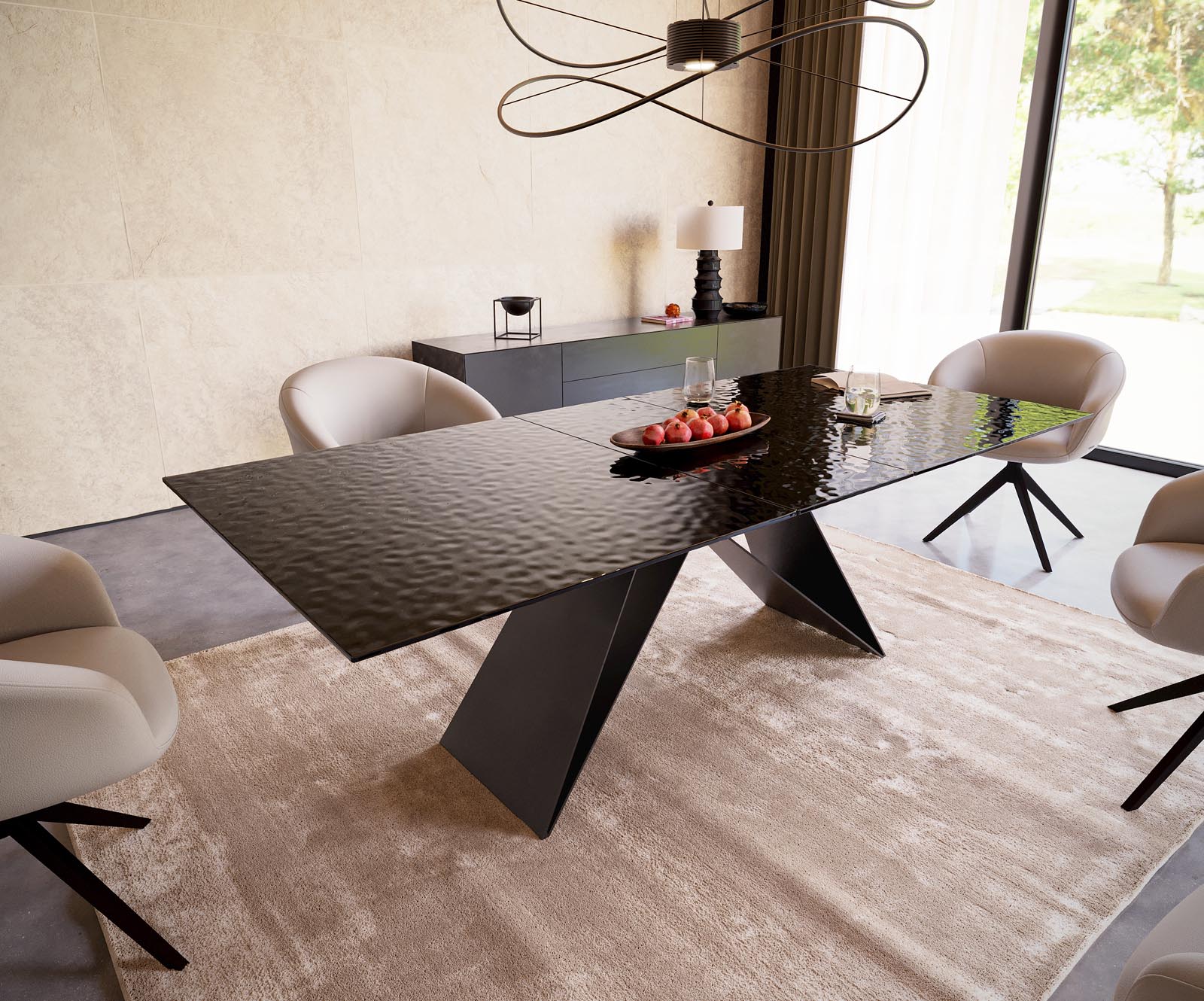 Маса 180-220x100 РелефноСтъкло ОпушеноЧерен 3D-Design V-Рамка плоска стомана Черен разтегателна Edge