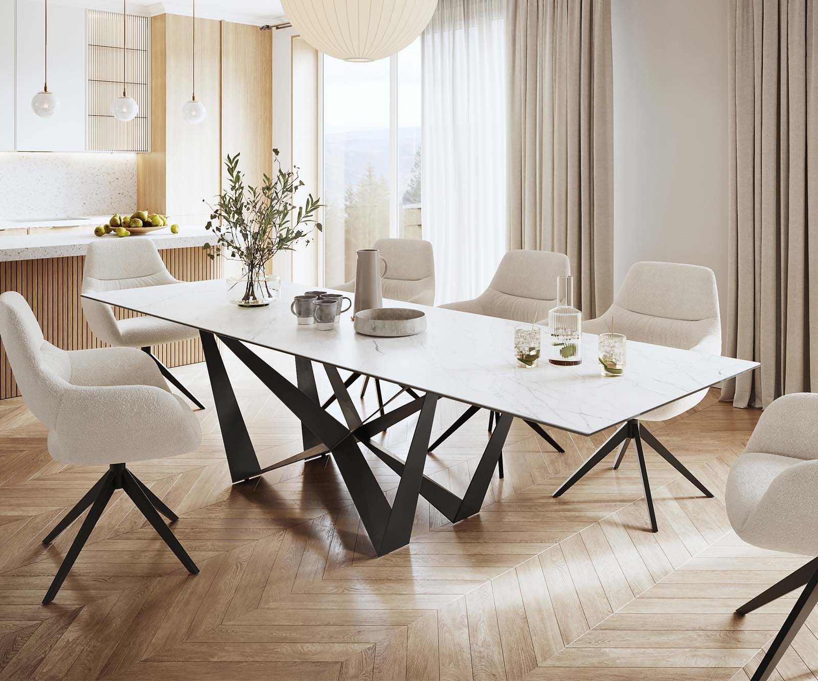 Маса 300x100cm Keramik Laminam®Statuarietto Бял среден крак плоска стомана Черен Edge 1
