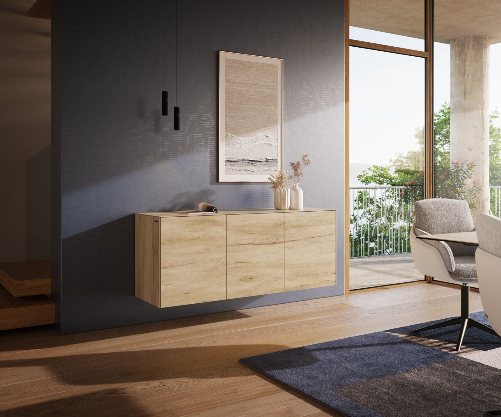 Стенен Бюфет Cuor 150 см Керамика Laminam® Sabbia Дъб цвят 3 врати 