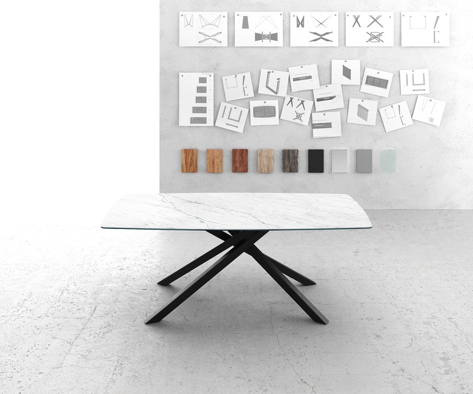 Маса Bootsform 200x100cm Keramik Laminam®Statuarietto Бял среден крак Кръст Черен Edge 1