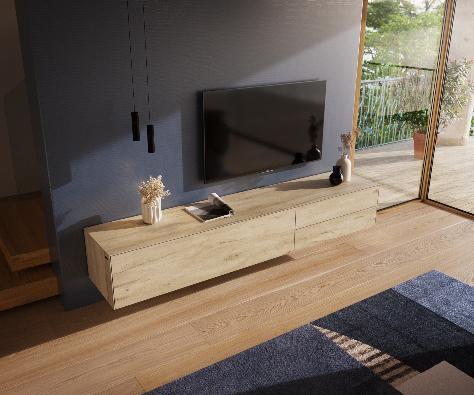 Стенен ТВ шкаф Cuor 220 см Керамика Laminam® Sabbia Дъб цвят 1 врата 2 чекмеджета  3