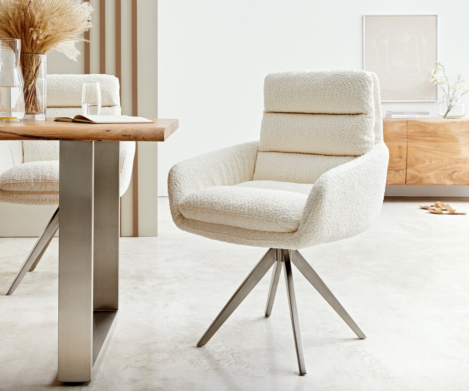 Врътящ се стол с подлакътници Букле Бял Конус крак  Неръждаема стомана 180° въртящ се Abelia-Flex Врътящ се стол с подлакътници Букле Бял Конус крак  Неръждаема стомана 180° въртящ се Abelia-Flex