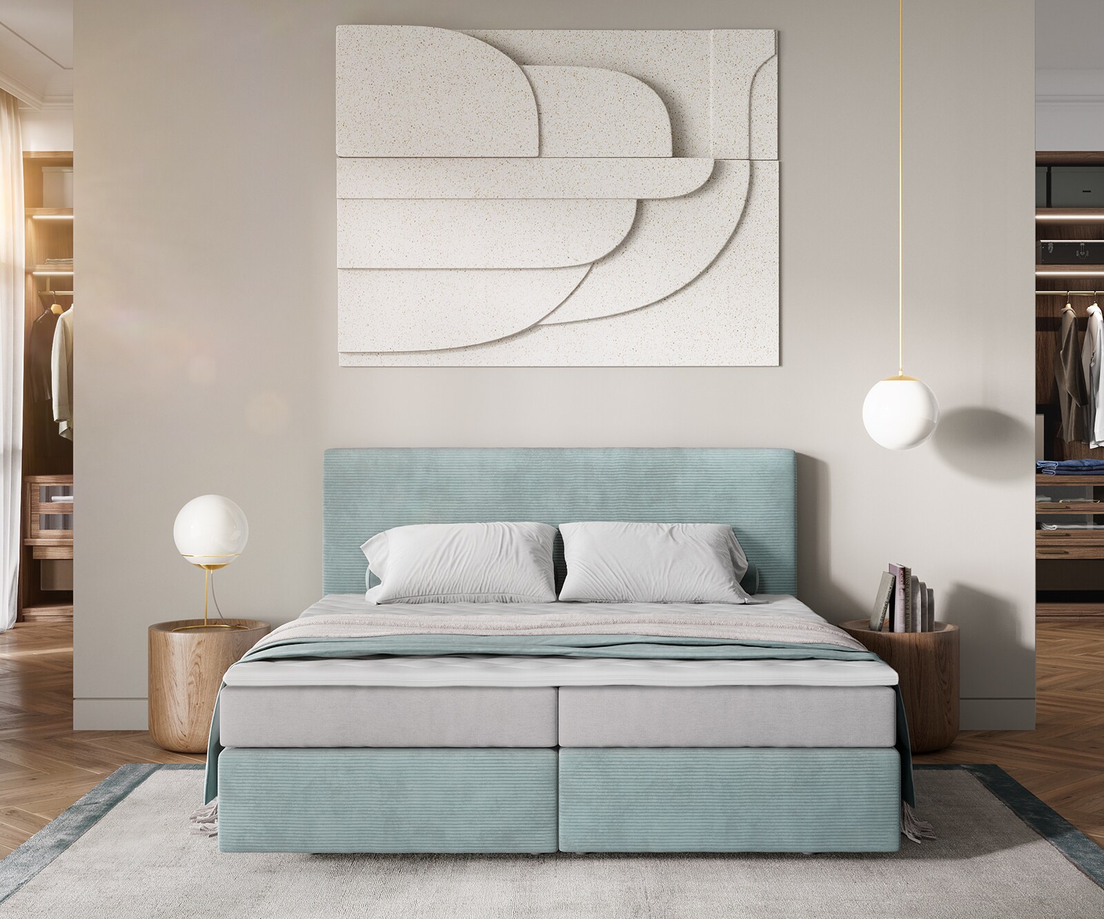 Легло Боксспринг 180x200 cm Корд Пастелено син с Покет с-ма и Мемори Топер Dream-Well 1